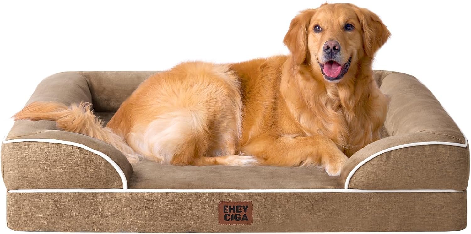 EHEYCIGA Orthopedic Dog Beds for Extra Large Dogs, Waterproof Memory Foam XL Dog Bed with Sides, Non-Slip Bottom and Egg-Crate Foam Big Pet Couch Bed with Washable Removable Cover, Camel | Non-Slip Bottom and Egg-Crate Memory Foam Big Dog Couch Bed with Washable Removable Cover, Camel, 44Inch