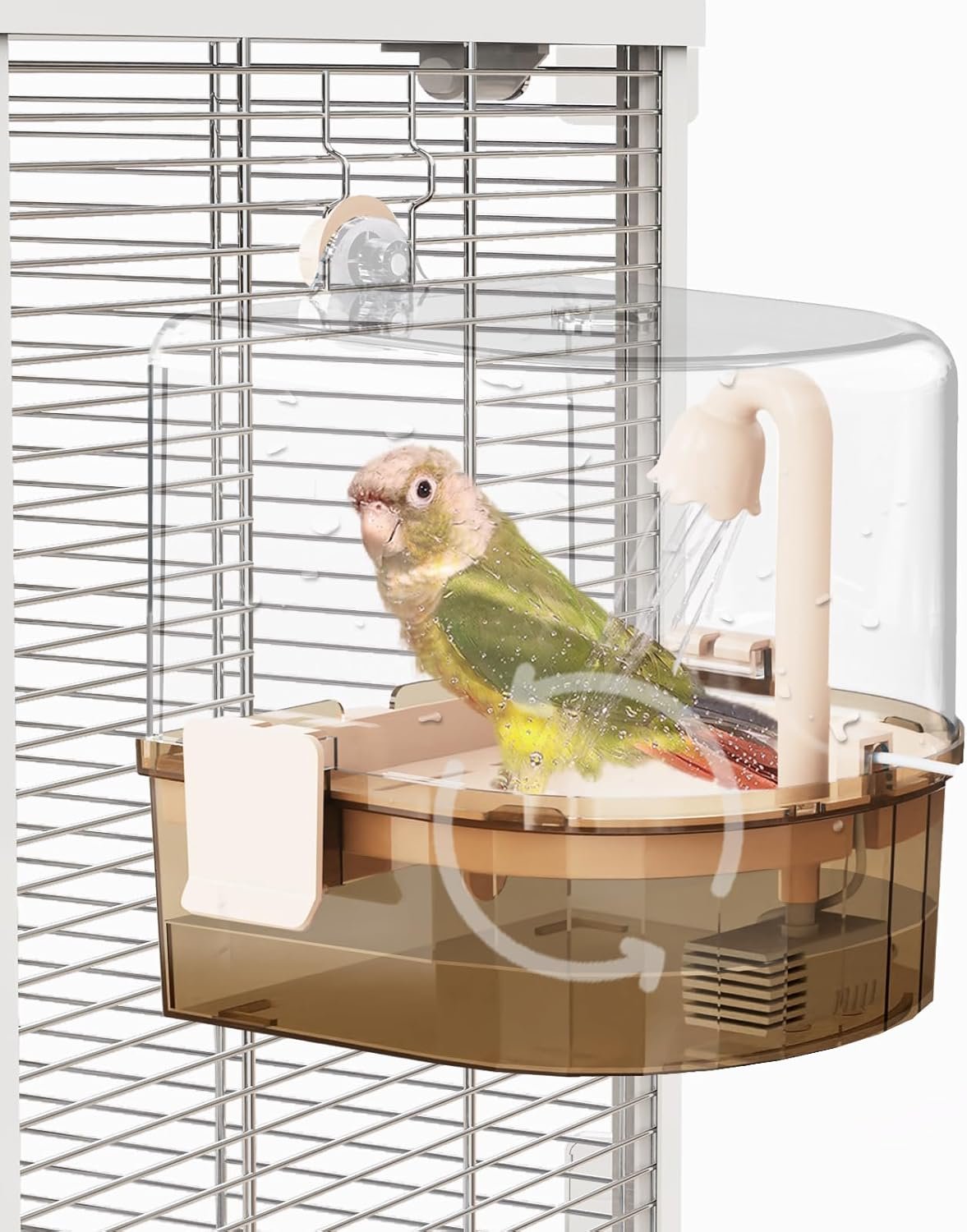 Automatic Bird Baths for Cage – Indoor Parakeet Bath with Pump, Bird Shower with 2 Modes Running Water, Bird Cage Accessory for Pet Birds Conure Budgies Cockatiels Lovebird (Light Brown) | Quiet auto pump with 4-layer filter & 4 refills Easy-clean clear tank on/off switch. For budgies, cockatiels, canaries & more