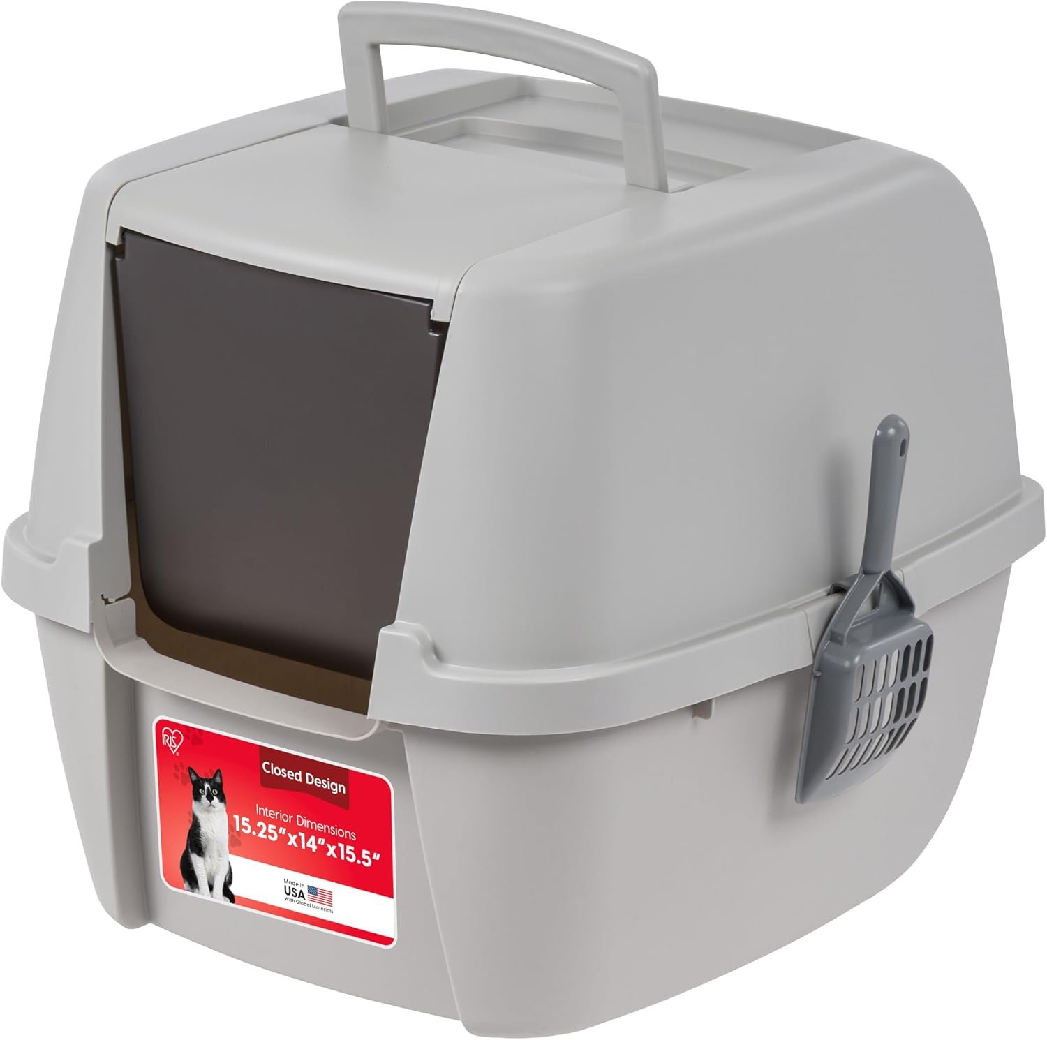 IRIS USA Large Front Door Cat Litter Box, Walk-In Entry, Gray | Nervous Cats, Flip Door Access, Covered Walk-Through, Private Enclosure Design, Privacy Hood, Contained Environment