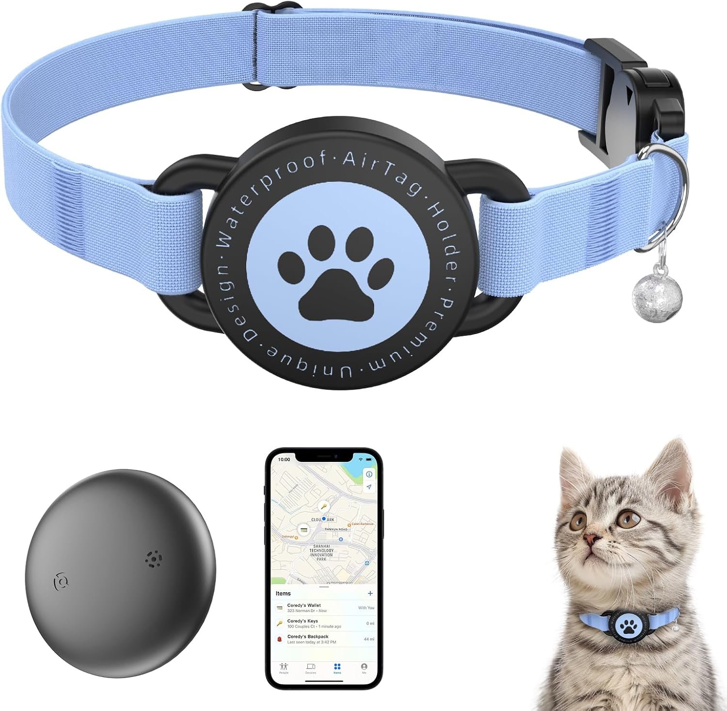 Cat GPS Tracking Collar (iOS & Android), Mini Bluetooth GPS Dog Tracker | Pet Activity Monitor No Monthly Fee, Works with Apple Find My and Google Find Hub, Pet and Item Finder Tag, 1 Pack (Blue)