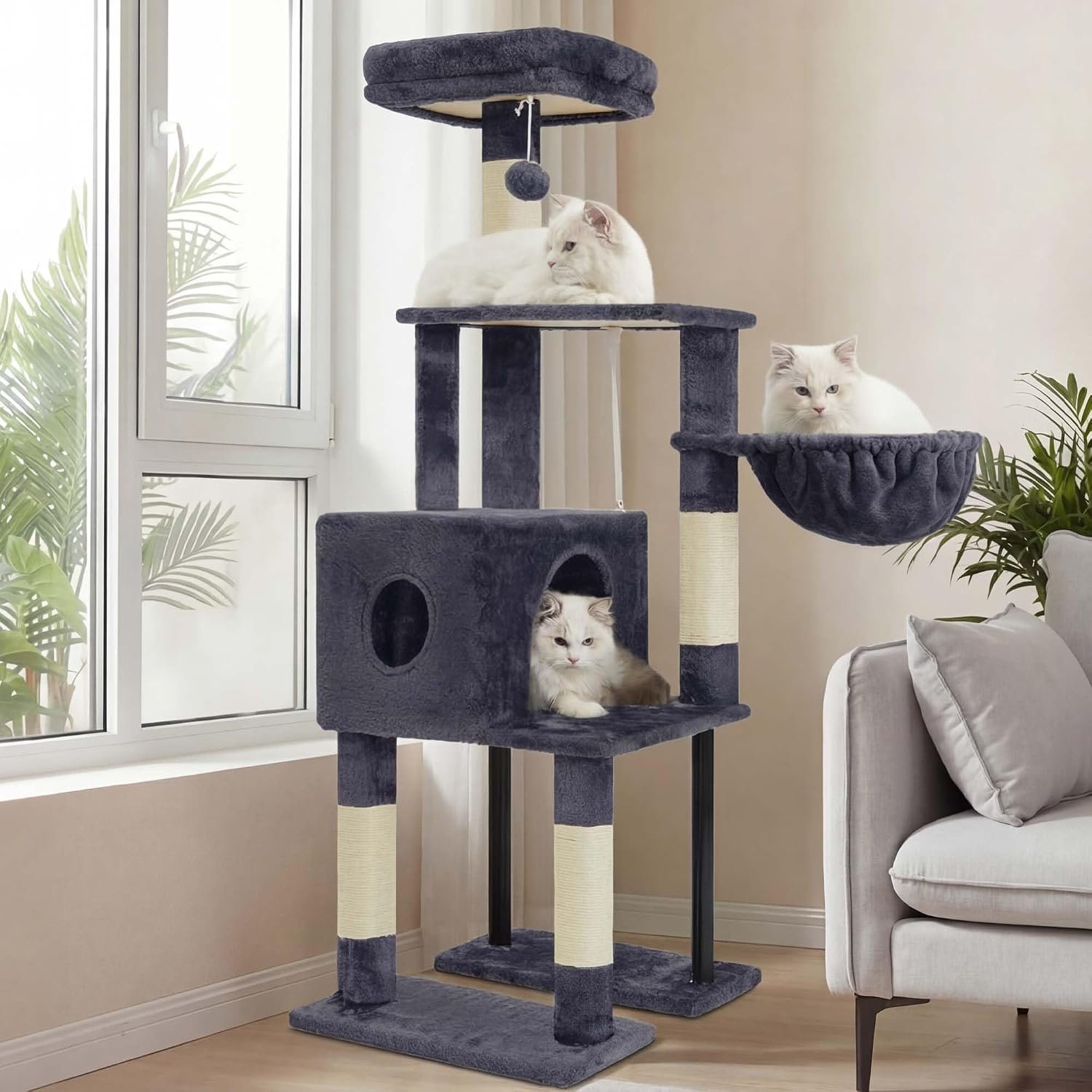 Heybly Cat Tree with Toy, 49.2 inch Cat Tower for Indoor Cats HCT200SG | Spacious Cat House Condo with Hidden Space，Plush Top Perch，Hammock and Sisal Scratching Posts, Smoky Gray