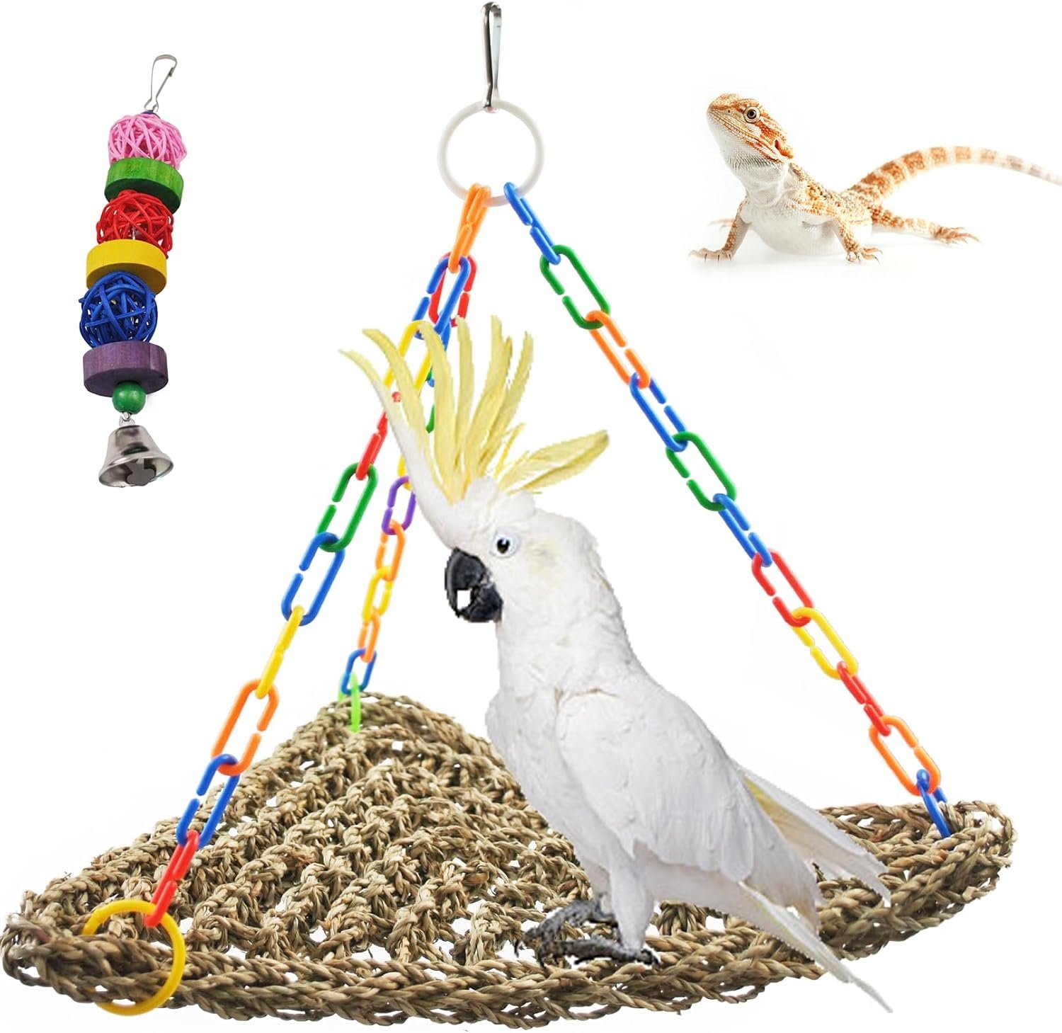 Large Seagrass Mat for Birds,Triangle Cockatiel Seagrass Hammock Natural Woven Sea Grass Mats for Birds,Parrot Foraging Grass Swing Toys for Medium Parakeets Lovebirds Cockatoos