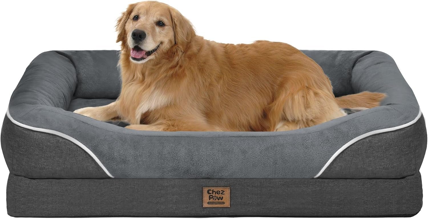 Chez Paw Waterproof Orthopedic XL Dog Bed for Large and Extra Large Dogs | Egg Crate Foam, 4-Sided Bolster Support, Waterproof Liner, Non-Slip Bottom, Machine Washable Cover, 42 x 30 Inch