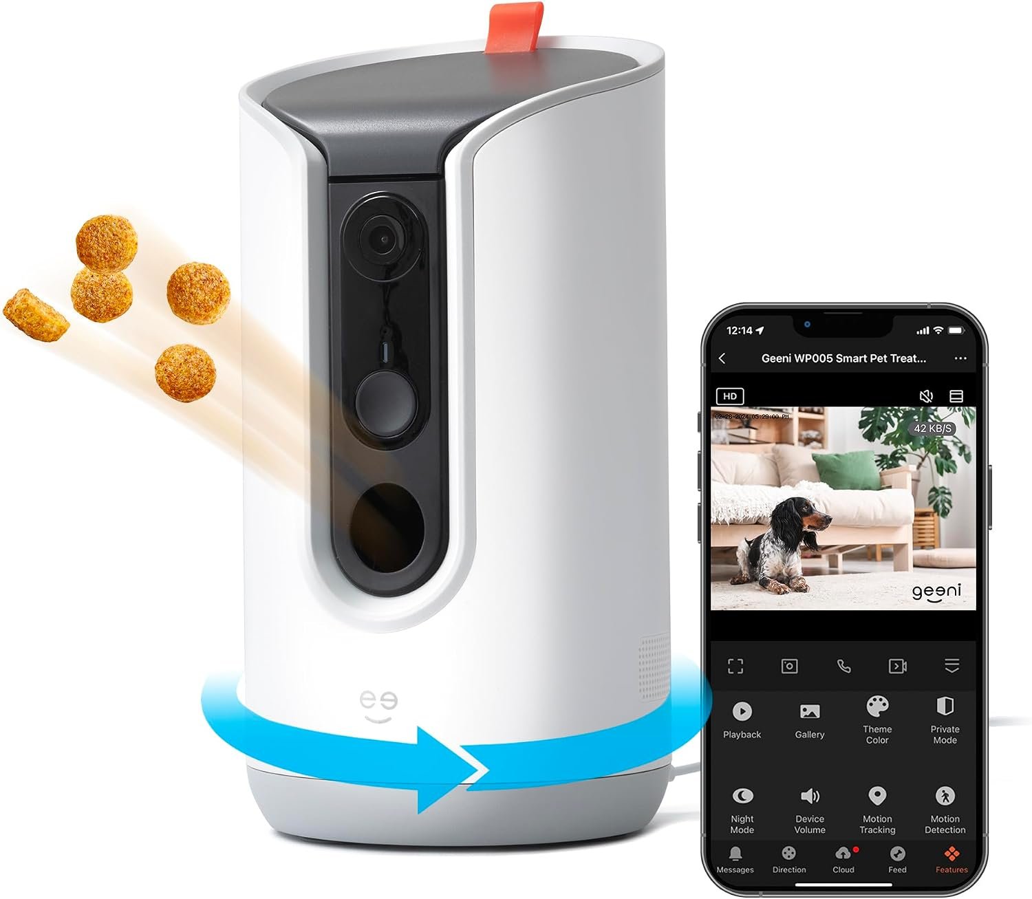 Geeni Pet Treat Dispenser with Camera – 2K HD WiFi Enabled, Dog and Cat Automatic Smart Feeder, Two-Way Audio, Night Vision, Auto-Follow, Remote Access with App, Alexa and Google Compatible, White