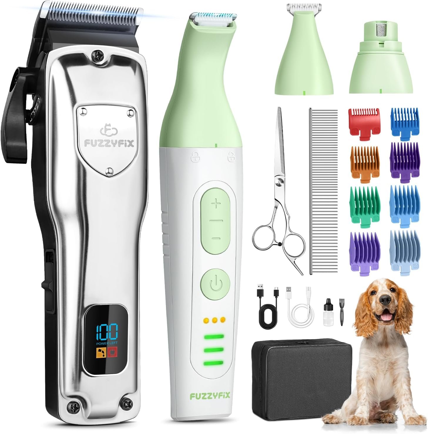 Dog Grooming Kit, Dog Clippers for Grooming for Thick Heavy Coat | Professional Pet Paw Trimmer with Nail Grinder Head Low Noise Rechargeable Stainless Steel Hair Trimmer for Curly Coats Cats