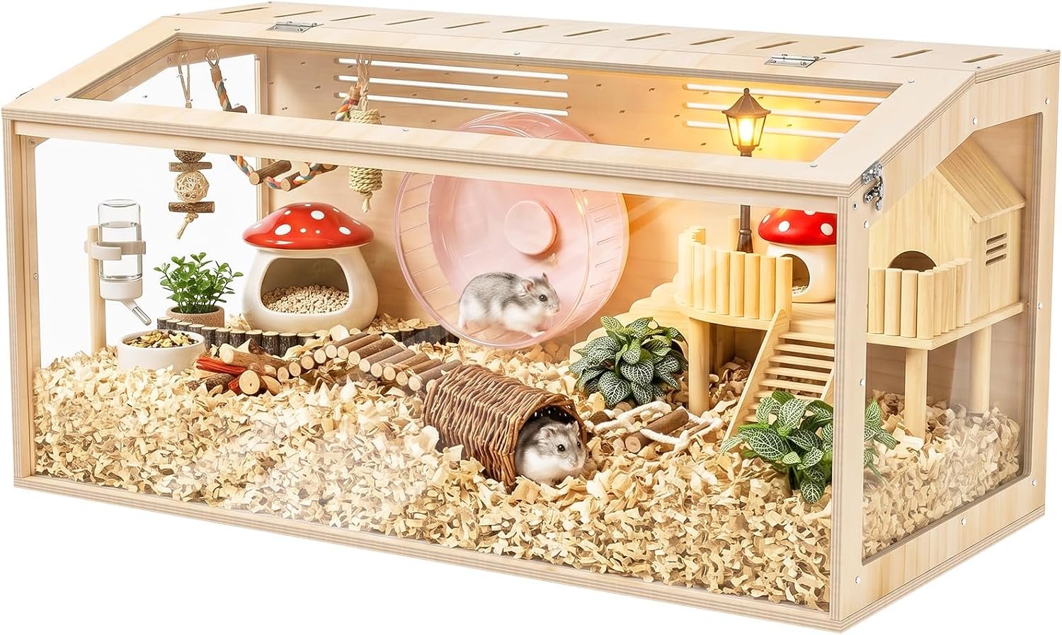 XiaZ Large Hamster Cage,40Inch Hamster Cage with Panoramic View and Ventilated Top, Spacious Acrylic Glass Habitat for Syrian Dwarf Hamsters and Degus, Natural Wood Frame Enclosure