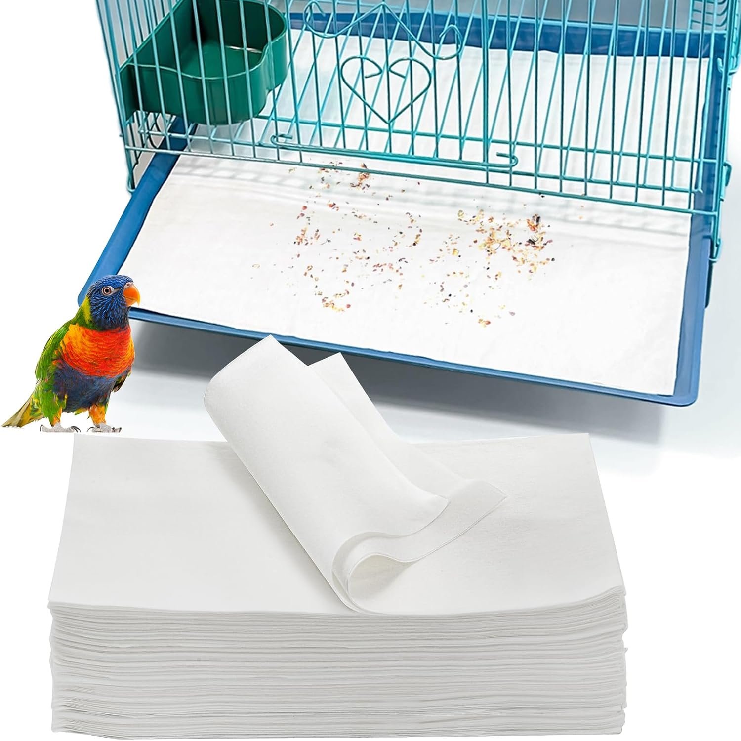 Okllen 200 Pcs Bird Cage Liners, 11×20 Inch Disposable Cage Paper Liners Pad Absorbent Non-Woven Tray Liners for Parrot Parakeet Finch Canary Pet Bird, White