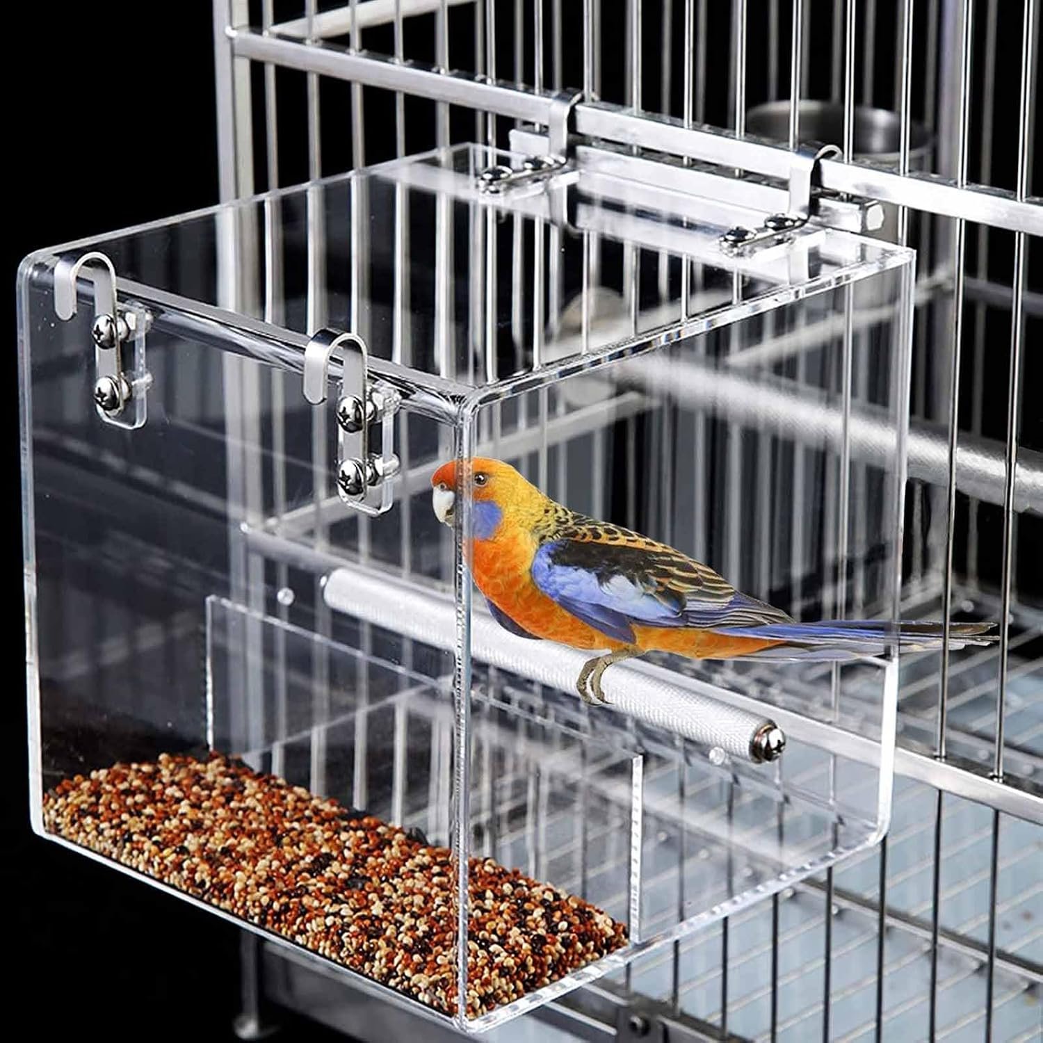 No Mess Bird Feeder for Cage, Automatic Acrylic Bird Feeder Seed Catcher Tray Cage with Stainless Steel Hooks for Small Parrots Canary Parakeet Budgerigar Crested Cockatiel Lovebird (Small) | Bird Feeder Cage with Stainless Steel Hooks for Small Bird Parrots Canary Parakeet Budgerigar Cockatiel Lovebird (Small)