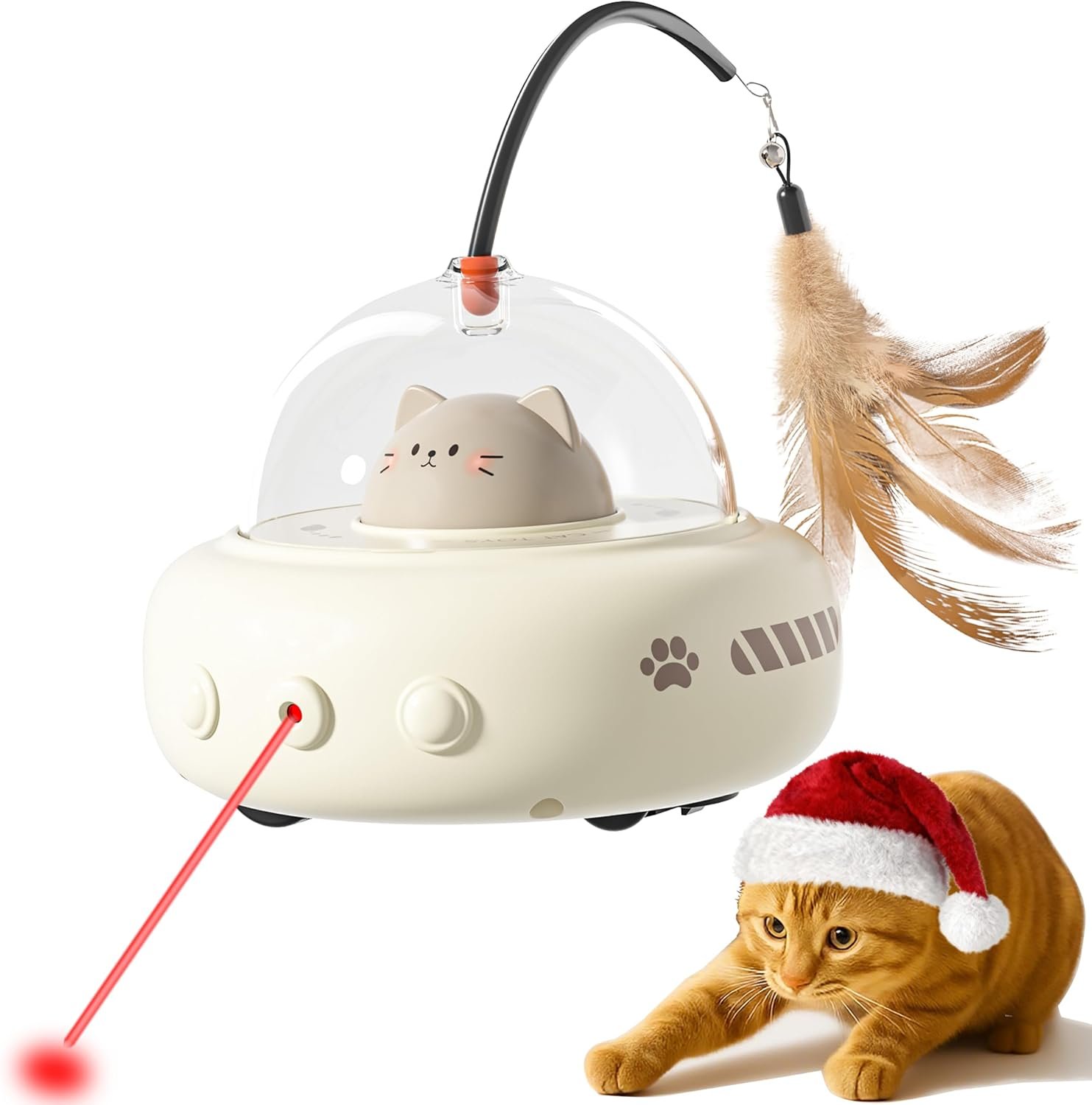 hooroor 2-in-1 UFO Automatic Laser Interactive Cat Toy with Feather | Smart Motion Sensor Activation,360° Rotation,Obstacle Avoidance,Self-play Gift
