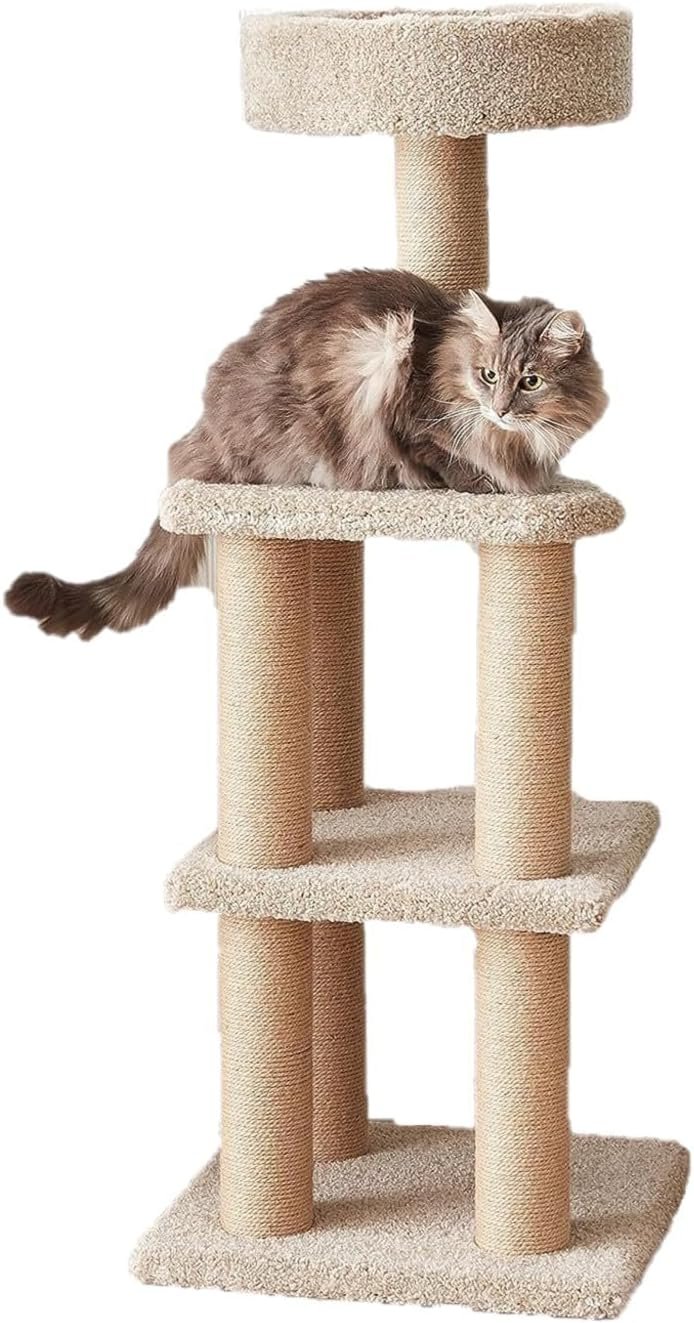 Amazon Basics Cat Tree Tower – Multi-Level Climbing Activity Center for Indoor Cats & Kittens with Scratching Posts, Platform, Jute Rope, Large (45.9″H), Beige