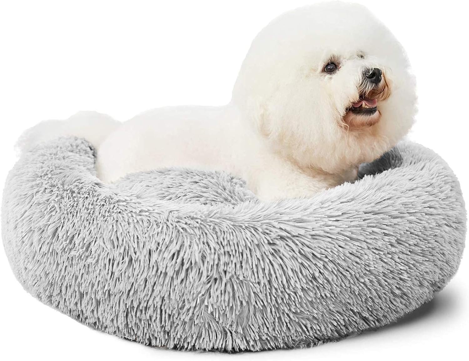 HACHIKITTY Calming Donut Cuddler Dog Bed, Round Fluffy Pet Bed for Small Dogs,Washable, Large, Gray, 24”