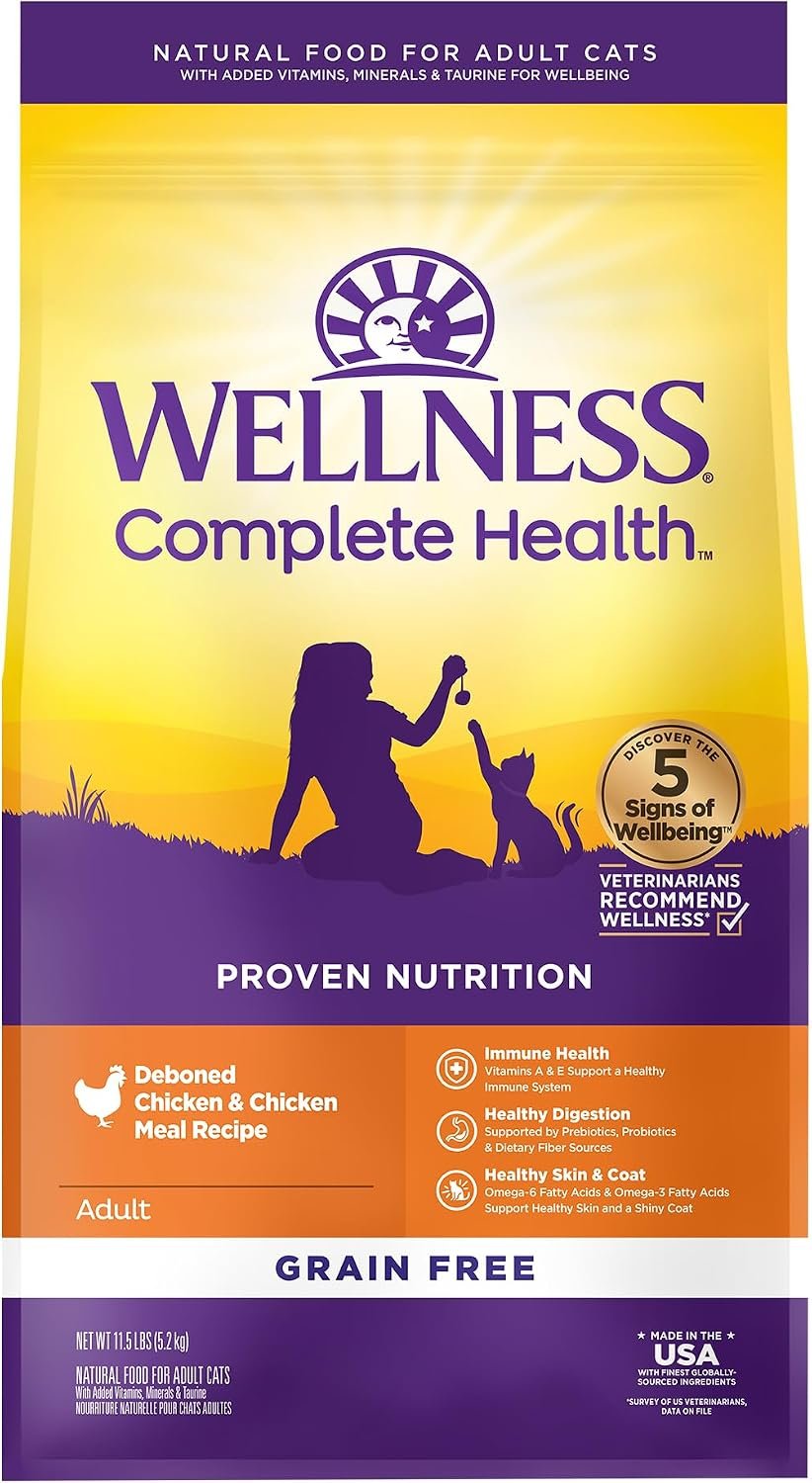Wellness Complete Health Adult Dry Cat Food, Natural, Grain Free Kibble, Chicken Recipe, 11.5 lb Bag