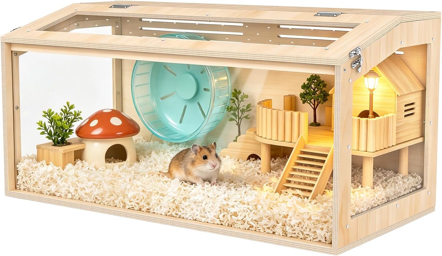 XiaZ Hamster Cage,32Inch Large Hamster Cage with Panoramic View and Ventilated Top, Spacious Acrylic Glass Habitat for Syrian Dwarf Hamsters and Degus, Natural Wood Frame Enclosure