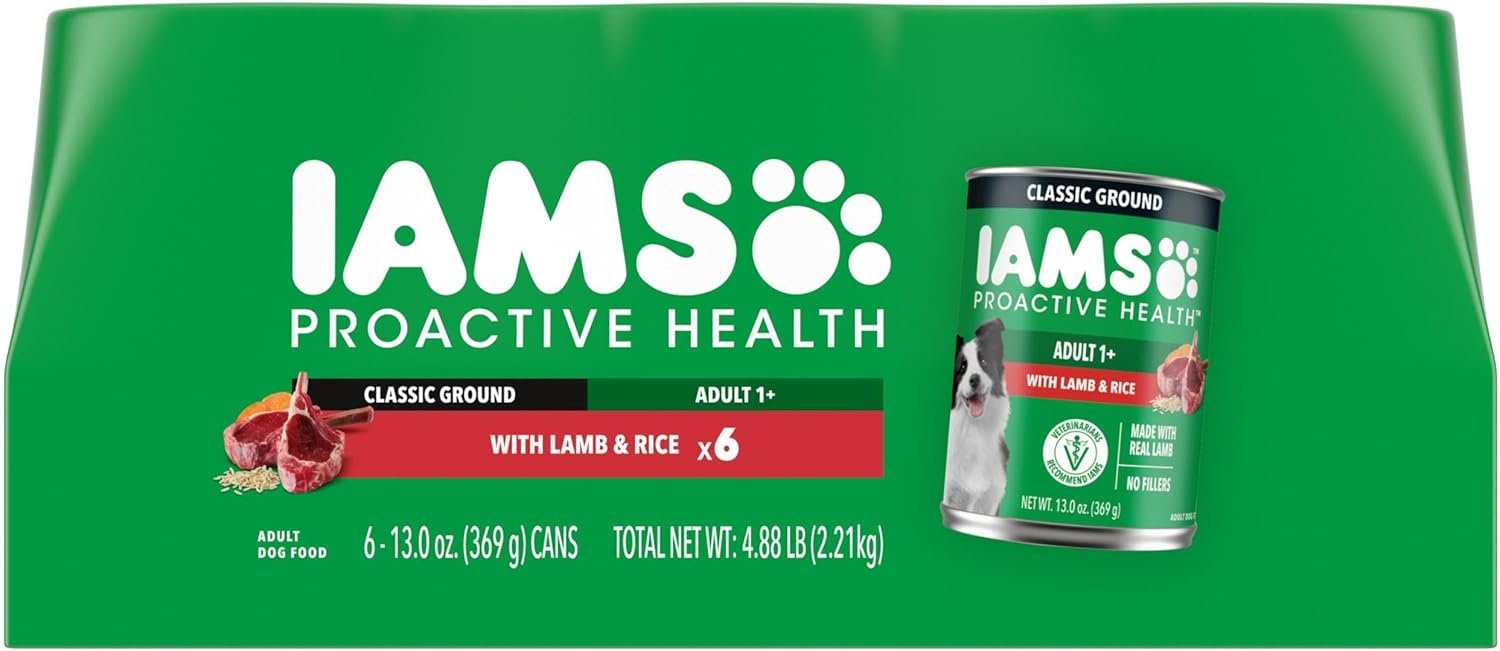 IAMS Proactive Health Ground Wet Dog Food, Lamb & Rice, 13 oz, 6-Pack | Real lamb, supports whole-body health, Omega-6 for skin & coat, no fillers or artificial flavors, 100% complete & balanced
