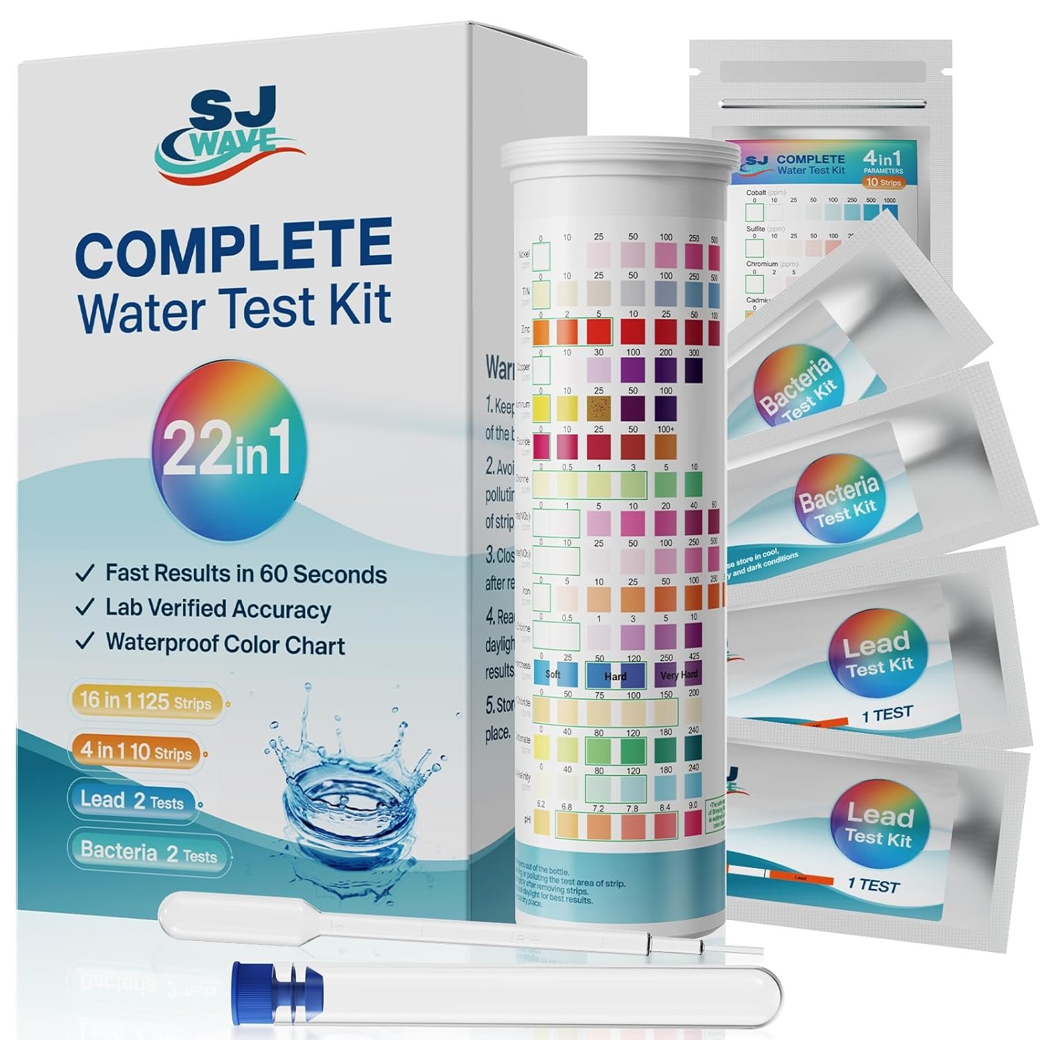SJ WAVE 22 in 1 Water Test Kits – 125 Strips Drinking Water Test Kit, Home Tap and Well Water Tester for Bacteria pH Hardness Lead Iron Copper Chlorine Cyanuric Acid
