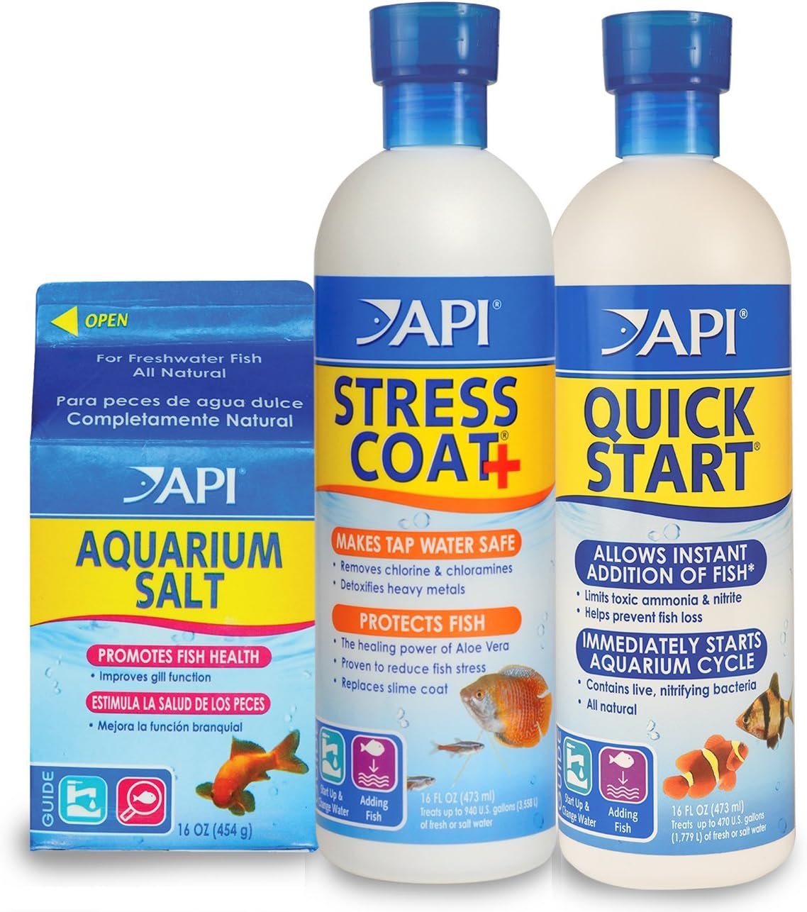 API Aquarium Starter Bundle Pack: One (1) Quick Start 16 oz., one (1) Stress Coat 16 oz., one (1) Aquarium Salt 16 oz.