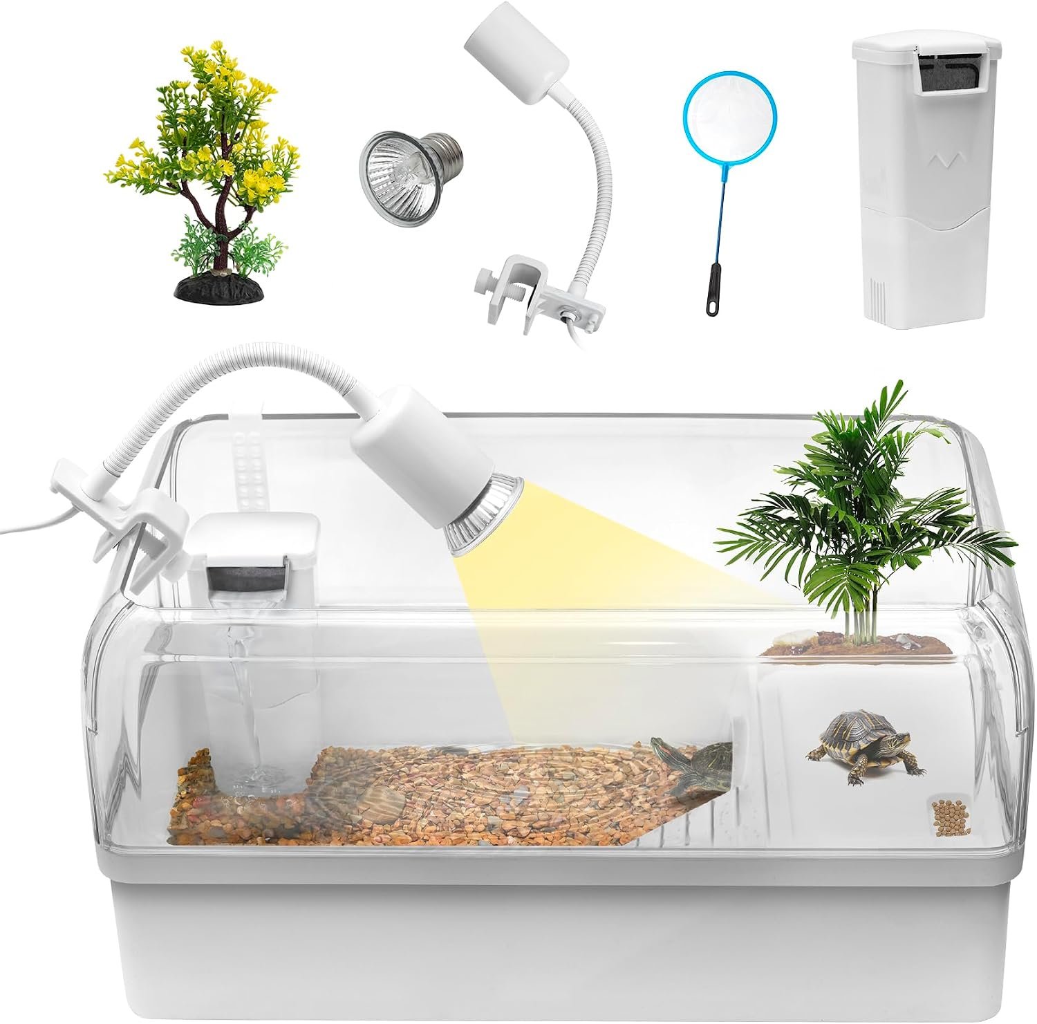 Turtle Tank Acrylic Habitat Starter Kit for Baby with Silent Filter | Bottom Drain,Basking Light,Multi Zone Aquatic Small Red Eared Slider Enclosure,Anti Escape Fence Tortoise Terrarium Aquarium