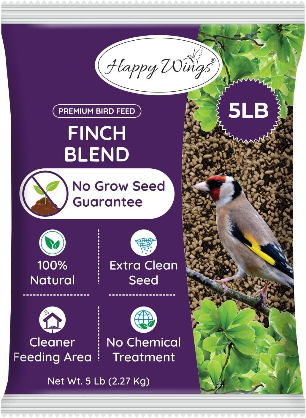 Happy Wings Finch Blend Bird Food – Mix of Sunflower Hearts/Kernels and Nyjer, 5 Pounds – No Grow Seed – For Wild Birds