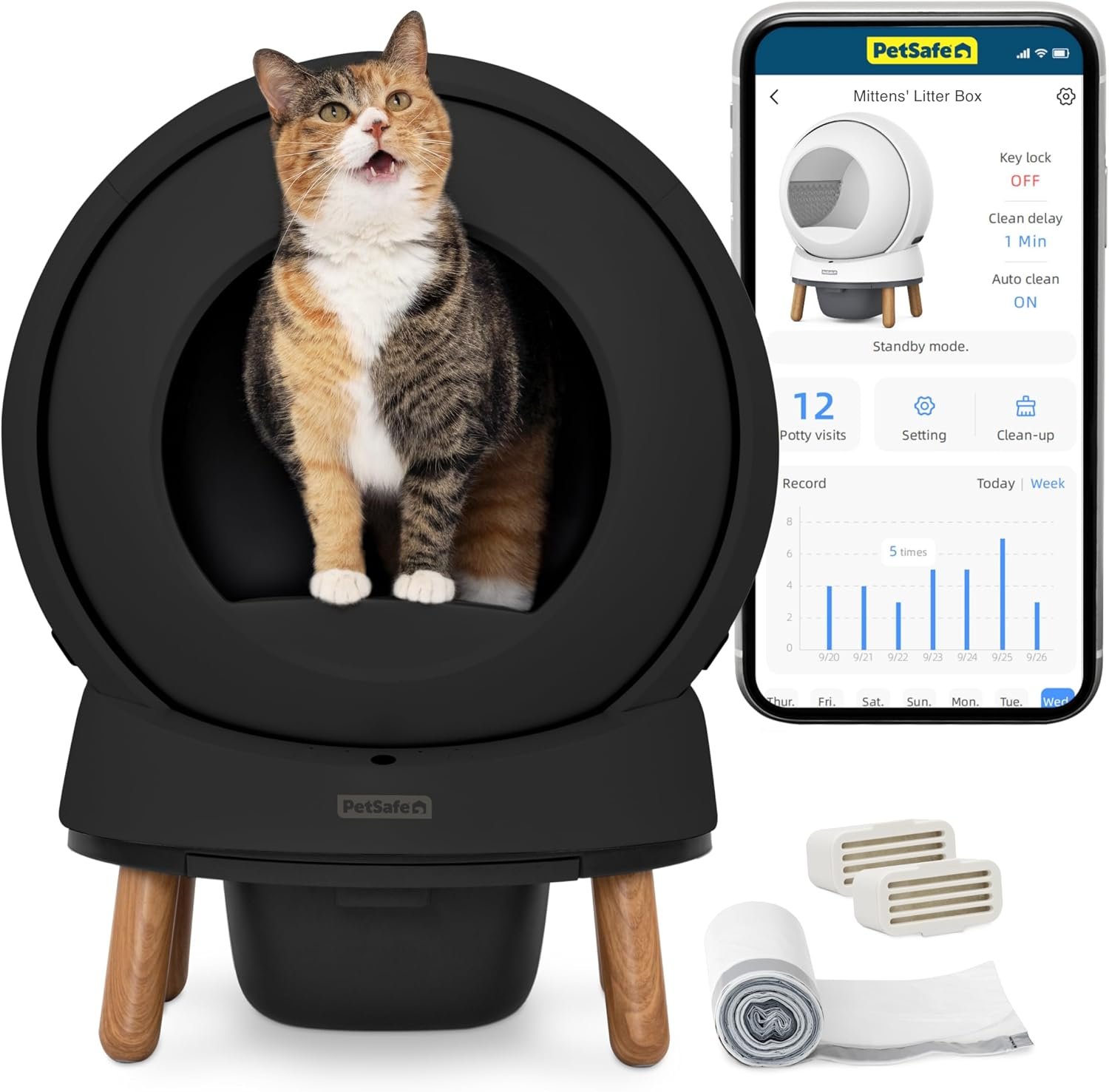 PetSafe ScoopFree SmartSpin Self-Clean Cat Litter Box, Black | Up to 2 Weeks of Hands-Free Cleaning, 4x Better Odor Control, App Monitors Weight & Litter Habits, For Cats up to 25 Lbs