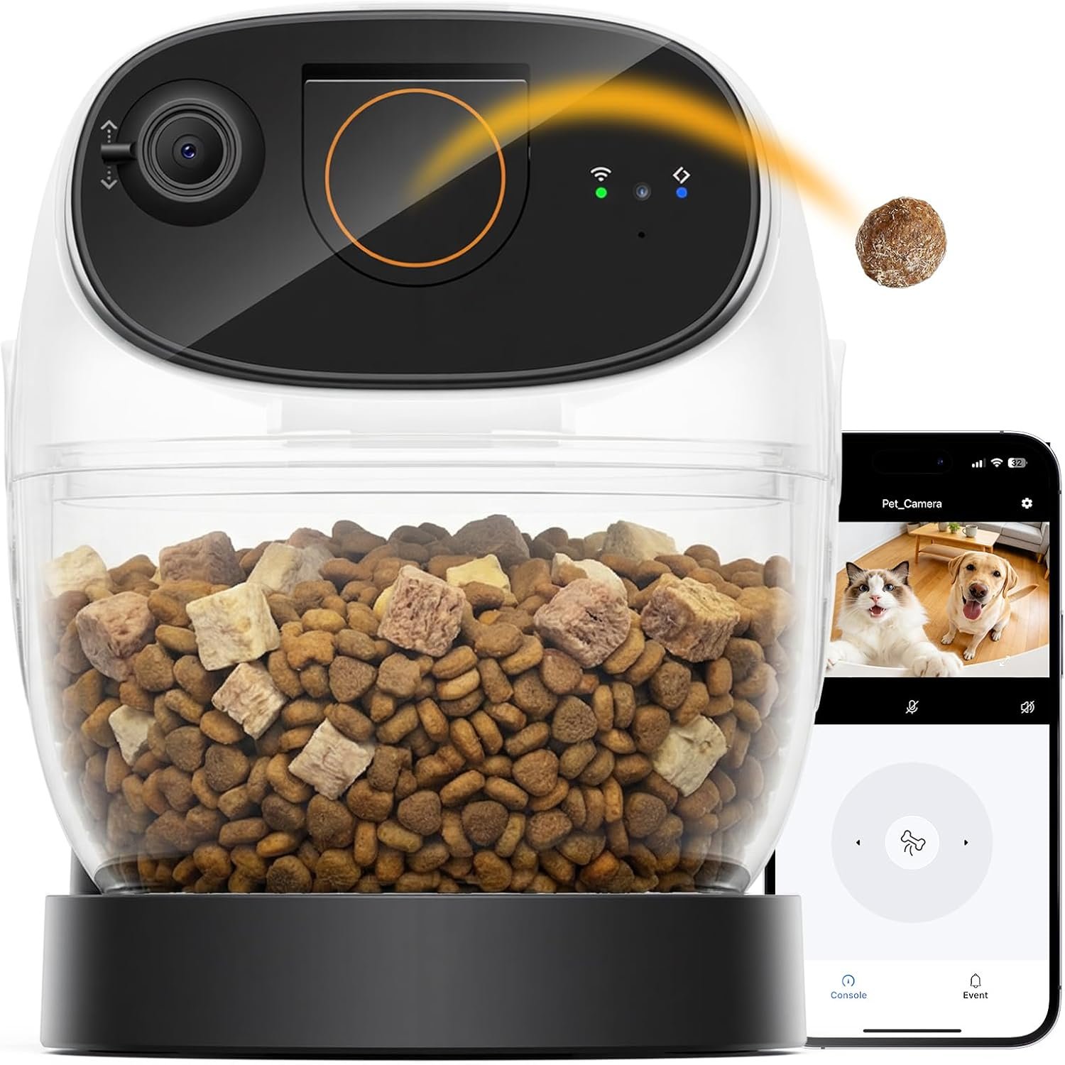 2026 3K Pet Camera Treat Dispenser, 32ft Remote Tossing for Dogs & Cats – Reduces Separation Anxiety, 360° View, Security Indoor Cam w/ Phone App, Barking Alerts, No Subscription, 5G WiFi, Robot M3