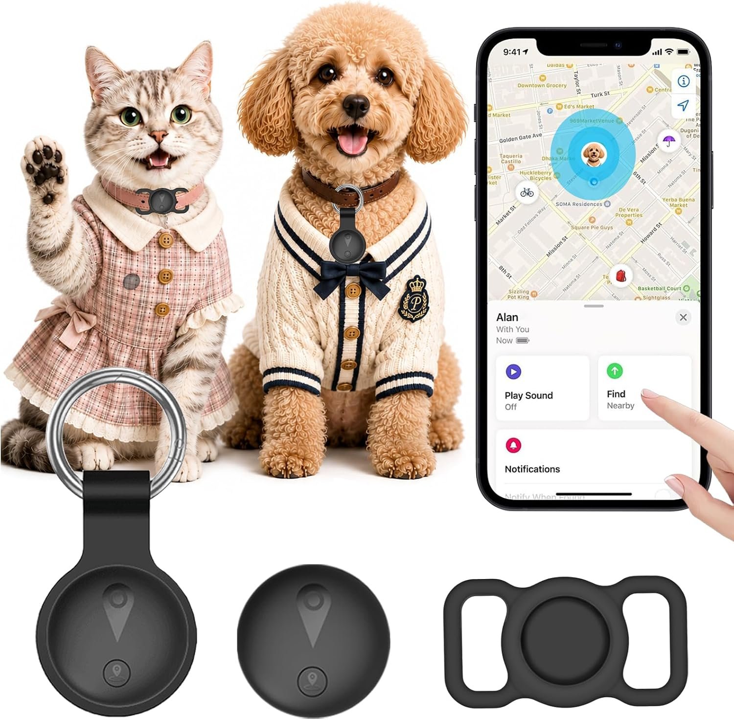 Pet GPS Tracker for Dogs,Smart Mini Location Collar Trackers for Cats,Works with iOS Find My,No Monthly Fee Subscription,IP68 Waterproof Real-Time Global Tracking Anti-Lost Device