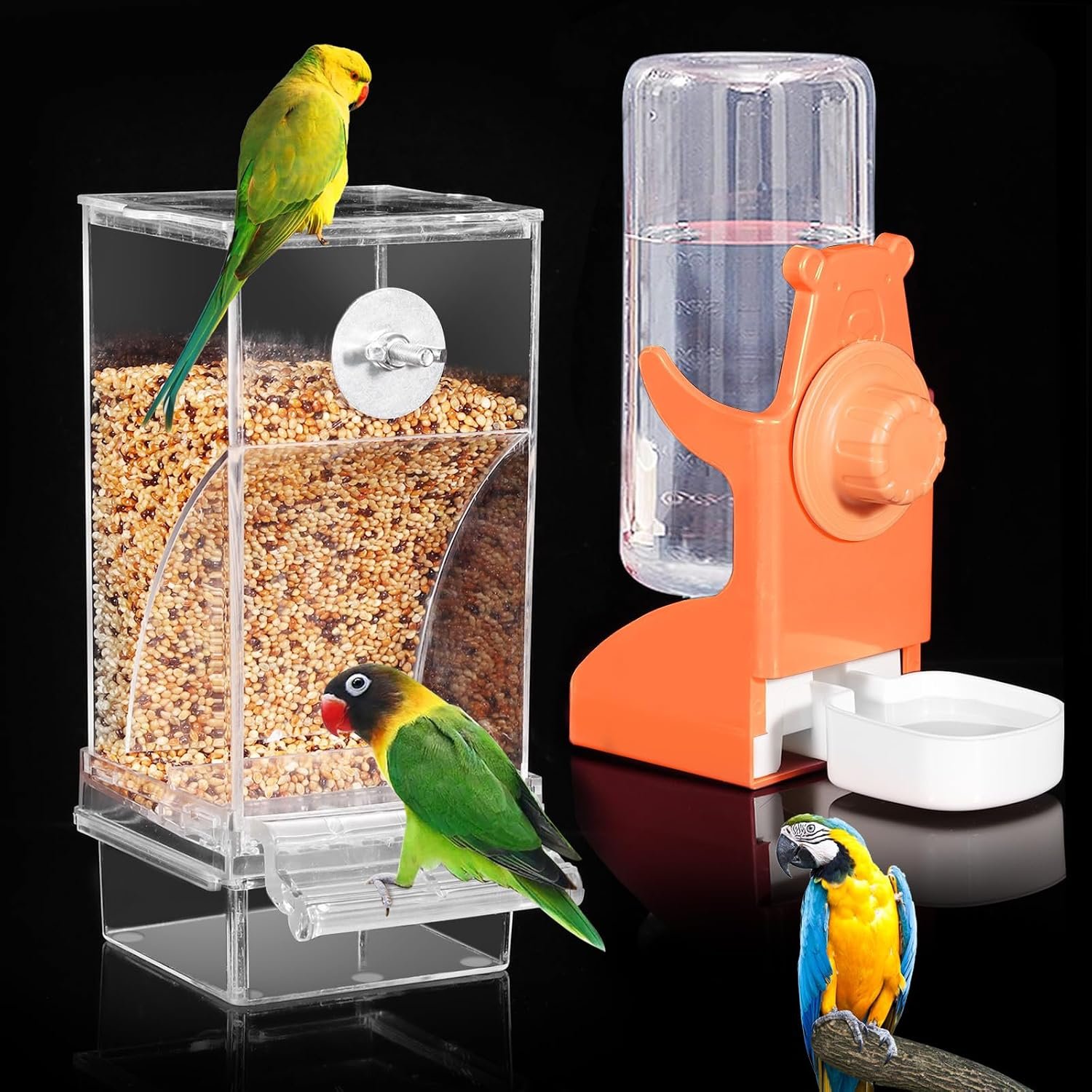 Kenond No Mess Bird Feeders Water Dispenser Set，Automatic Feeders for Cage | Automatic Parrot Feeder Cage Accessories, Clear Seed Container Food Drinker for Cage, for Cockatiel Lovebirds Budgies Canary