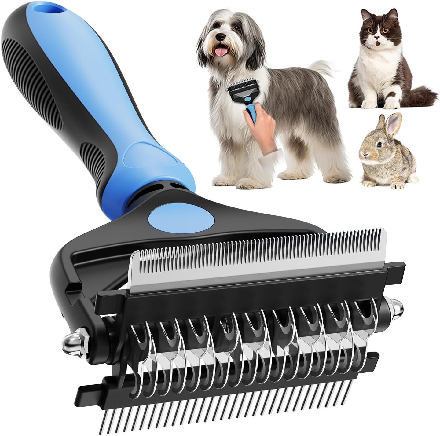 3-in-1 Professional Pet Grooming Brush for Dogs & Cats – Dematting Comb, Undercoat Rake & Deshedding Tool for Long & Short Hair, Heavy Shedding & Matted Fur (Blue)