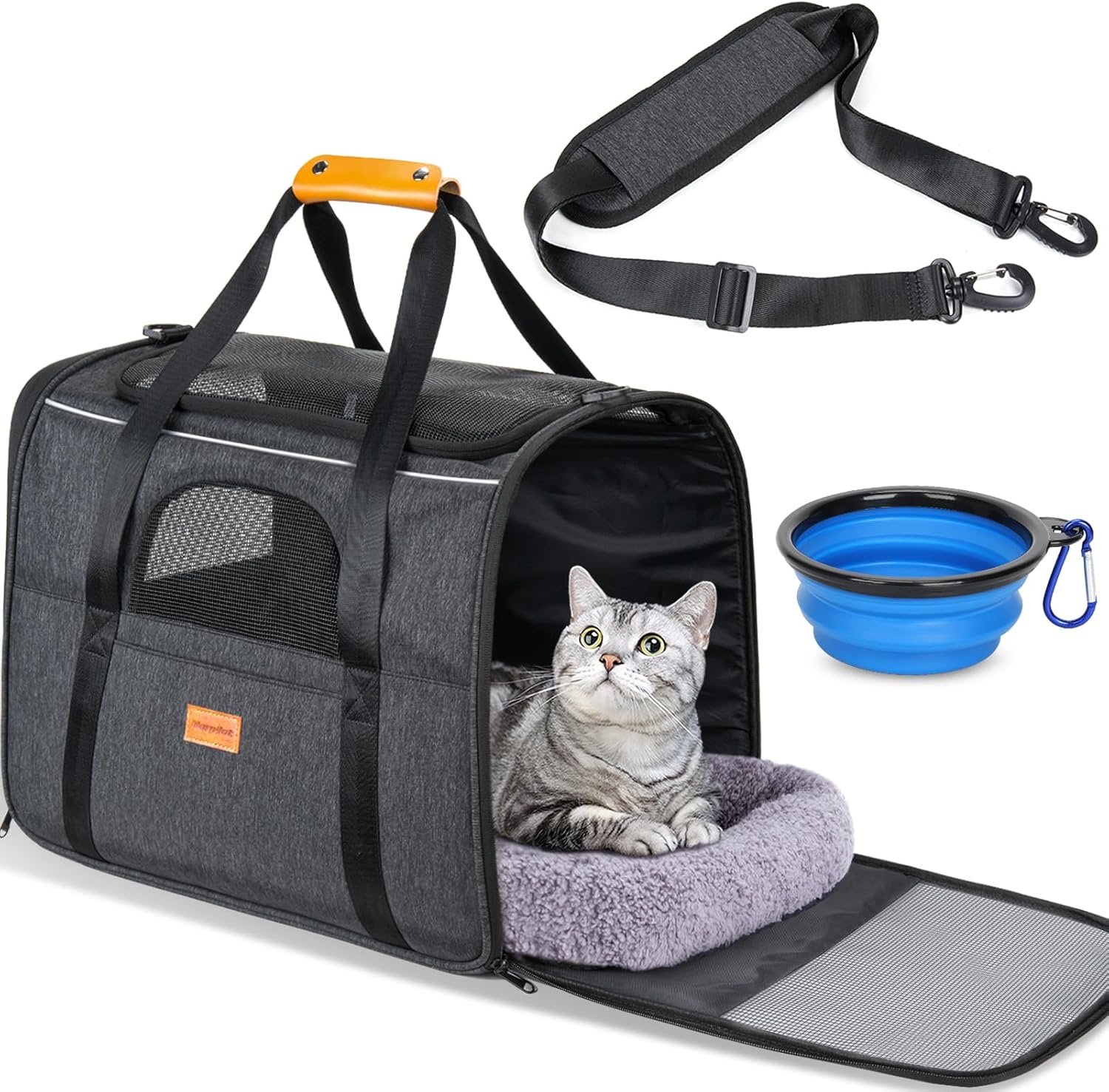 Morpilot Cat Carrier Soft for Large Medium Cats and Puppy up to 20lbs | with Dual-Sided Cushion, Secure Buckle and Foldable Bowl, Dog Carriers for Small Dogs – Pet Carrier (Dark Gray)