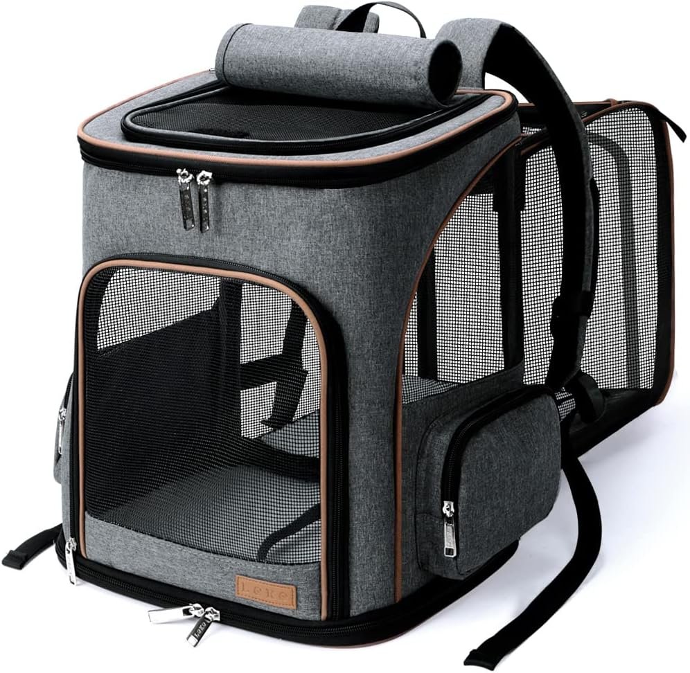Lekereise Cat Backpack Expandable Pet Carrier Backpack for Small Cats and Dogs, Foldable Dog Carrier Backpack with Inner Safety Leash, Grey