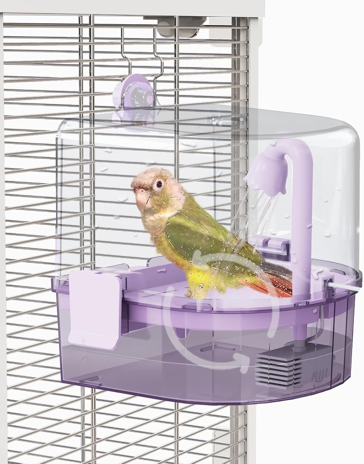 Automatic Bird Baths for Cage – Indoor Parakeet Bath with Pump, Bird Shower with 2 Modes Running Water, Bird Cage Accessory for Pet Birds Conure Budgies Cockatiels Lovebird (Purple) | Quiet auto pump with 4-layer filter & 4 refills Easy-clean clear tank on/off switch. For budgies, cockatiels, canaries & more