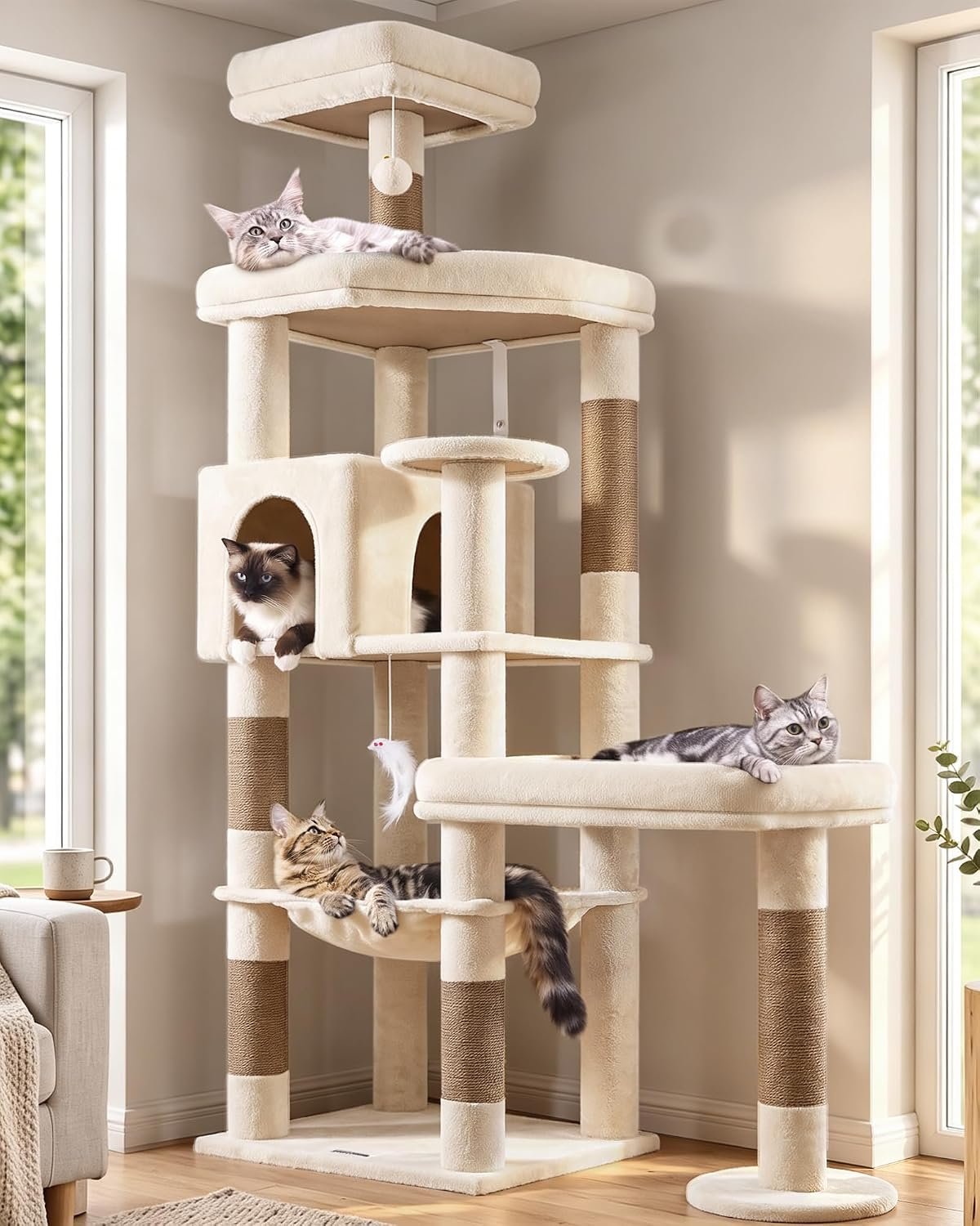Globlazer Extra Large Platform Cat Tree, 65in Tall Sturdy Cat Tree for Indoor Cats Large Adult, Big Cat Tower for Big Cats with 3 Enlarged Perches, 6 Scratching Posts, Cat Condo, Hammock, S65, Beige