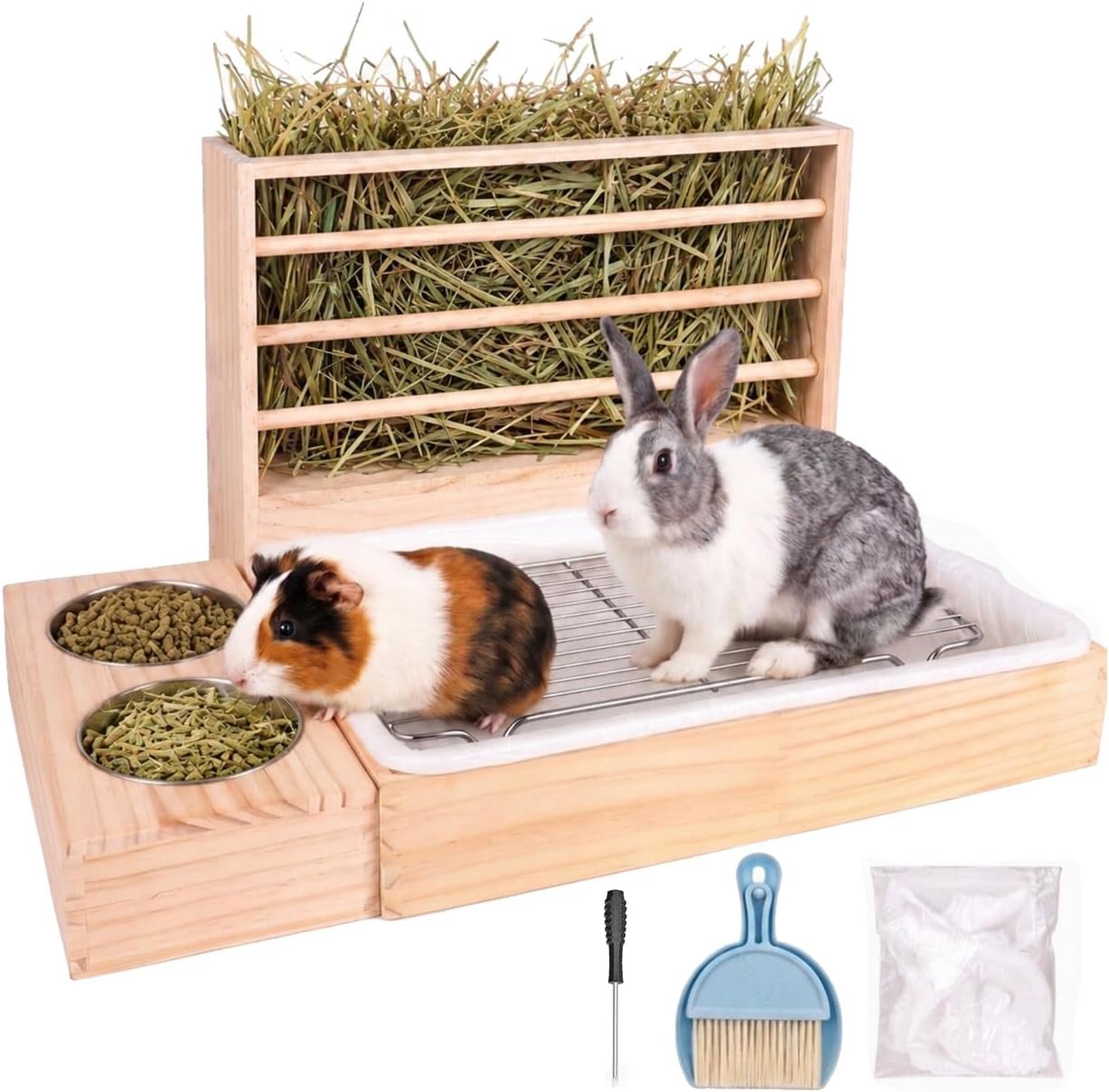 Rabbit Hay Feeder with Litter Box Bowls, 3-in-1 Wooden Rabbit Toilet | Large Capacity Rabbit Litter Box with Hay Feeder, Removable Tray Easy Clean,Bunny Guinea Pig Chinchilla Small Animals