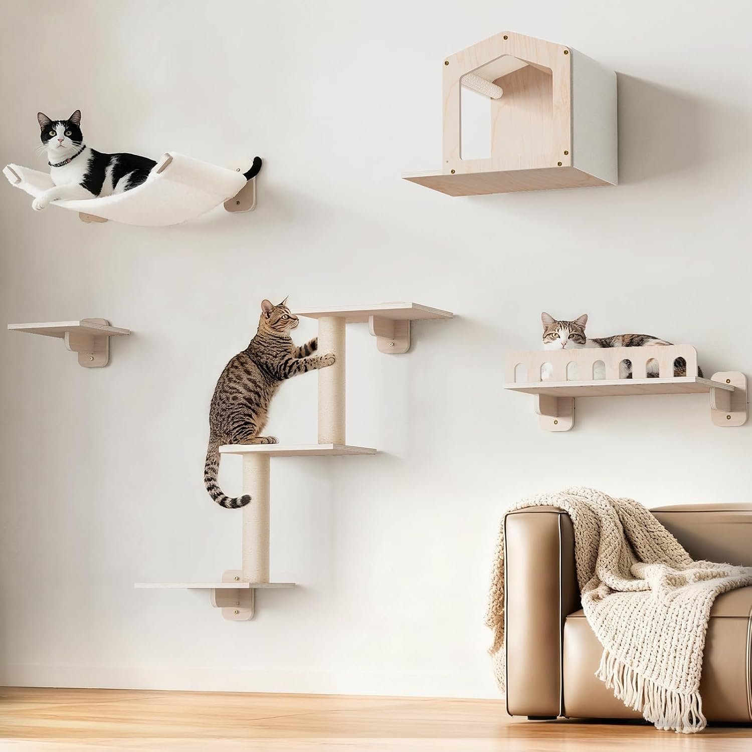 5-in-1 Cat Wall Shelves for Large Cat, Large Hammock, Wide Perch | Cat Wall Climbing Furniture Set, 16″ Large Hammock ,17″ Wide Perch, Cat Condo, Scratching Posts, Indoor Cats, Easy Assembly