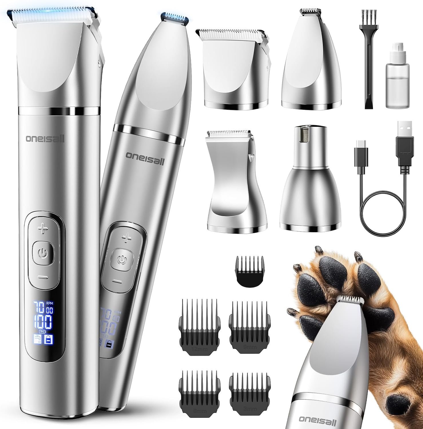 oneisall 4 in 1 Dog Grooming Kit with LCD Display | Paw Hair Trimmer & Nail Grinder, Rechargeable, Cordless, Low Noise, IPX7 Waterproof, 3 Speeds Pet Grooming Clippers
