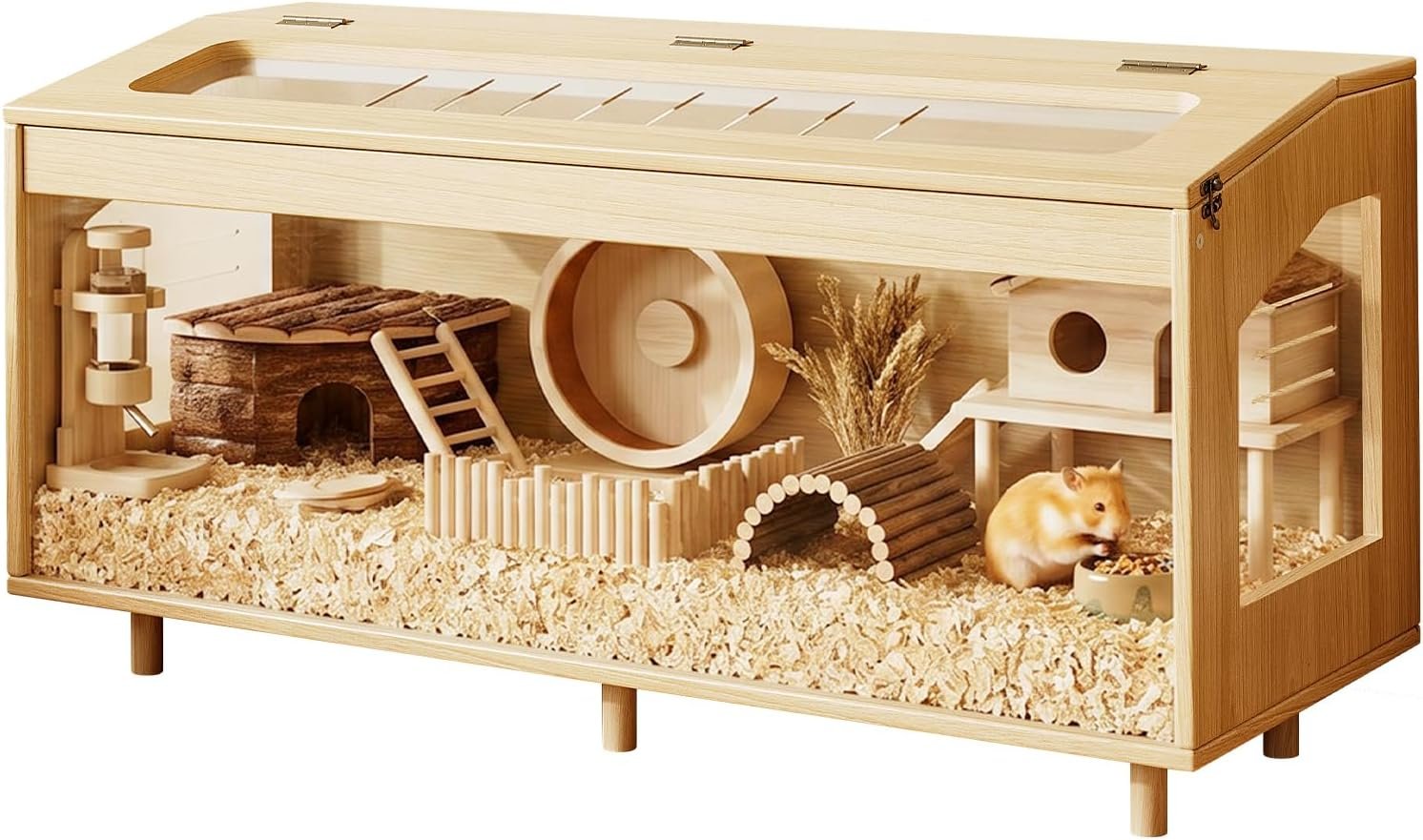 Wooden Hamster Cage, 39.4″ Large Small Animal Cage with 19.7″ Tall Habitat, Openable Top, Chew-Resistant Acrylic Panels, Wood Enclosure for Gerbil & Guinea Pig (39.4 * 15.75 * 19.7 inch)