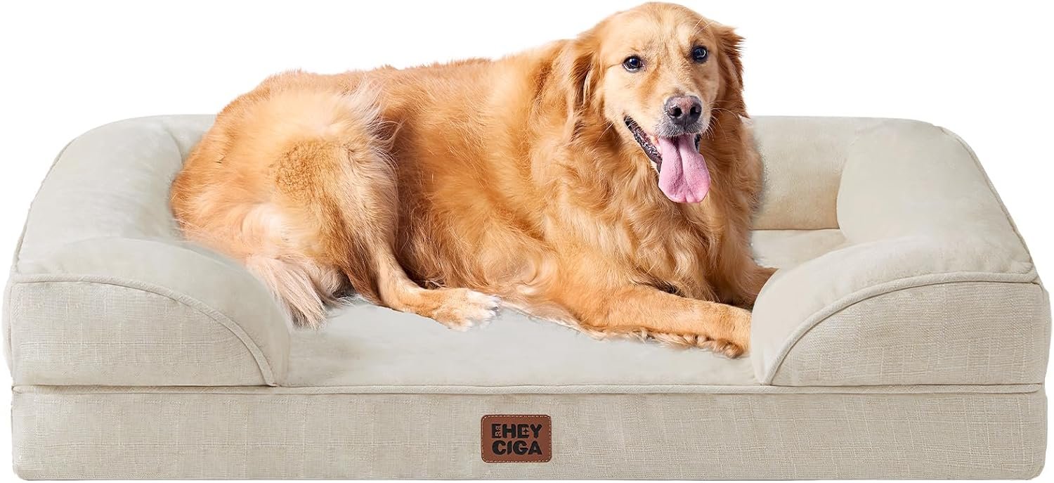 EHEYCIGA Orthopedic Extra Large Dog Bed, Waterproof Washable XL Pet Bed 44″ | Non-Slip Bottom and Egg-Crate Memory Foam Big Dog Couch Bed with Washable Removable Cover, Beige, 44Inch