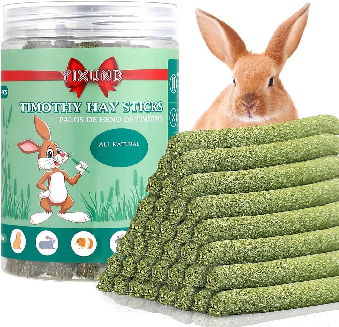 YIXUND Timothy Hay Sticks Treats for Rabbits & Other Small Pets – 40pcs Natural Handmade Chew Toys
