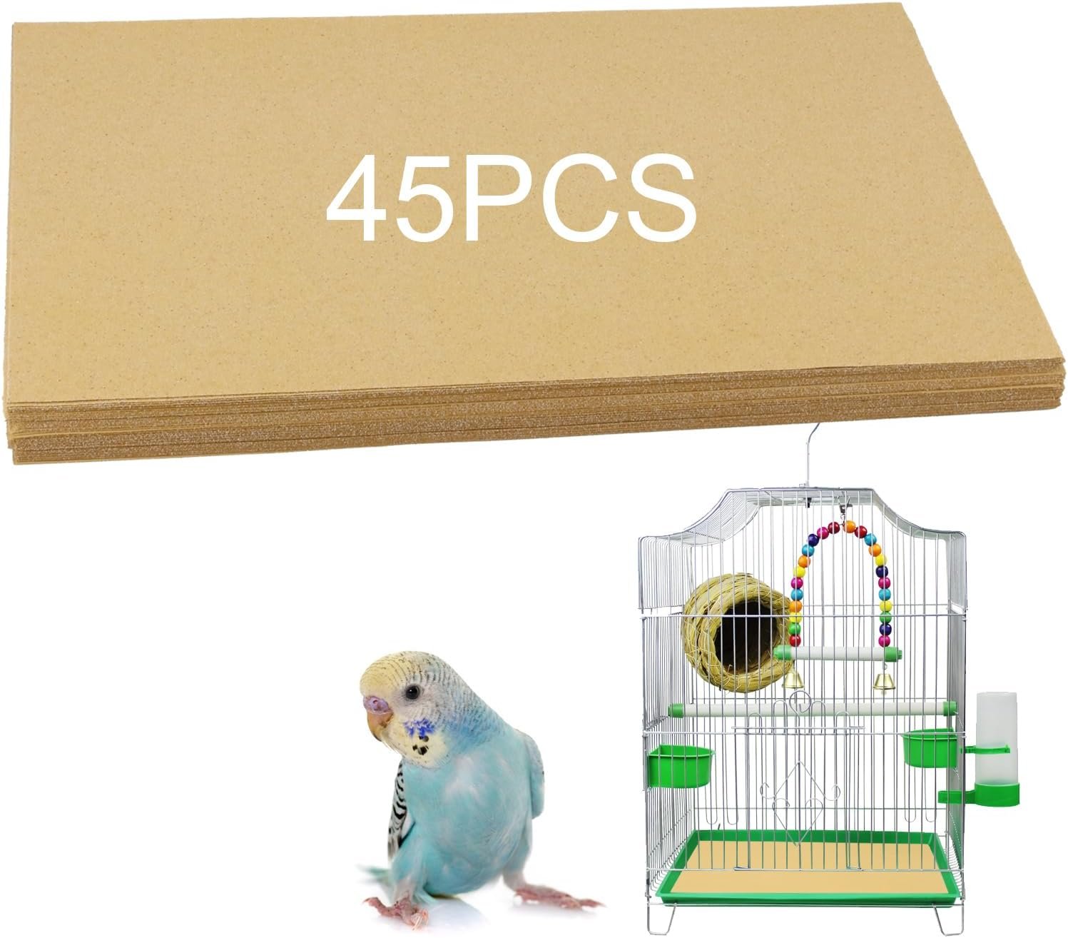 45 Pcs Bird cage Liner Paper, 11 x 17 inch Gravel Liner Paper for Bird Cage, Parrot Cage Sandpapers Cushion Pad Birdcage Liner Bedding Calcium Paper Special for Bird Cage in Sea Sand