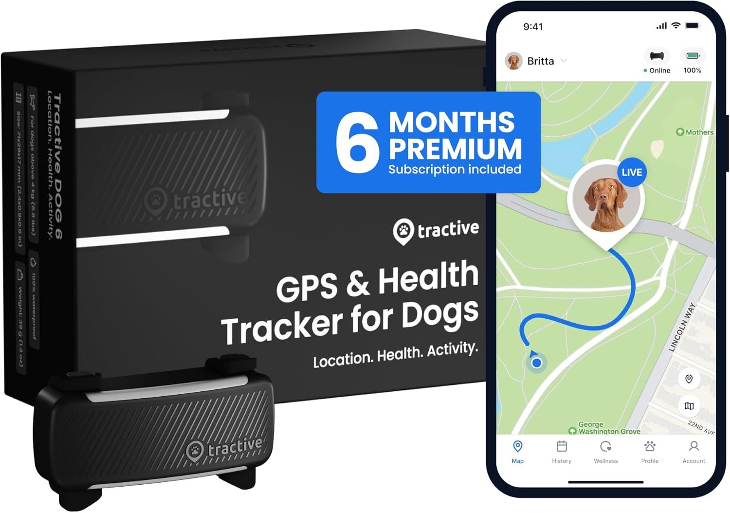 Tractive Smart Dog GPS Tracker with 6 Month Subscription | Live Pet Tracker with Virtual Fence | Vital Signs Monitoring of Heart & Respiratory Rate | Bark Monitoring | Dog Collar Attachment (Black)