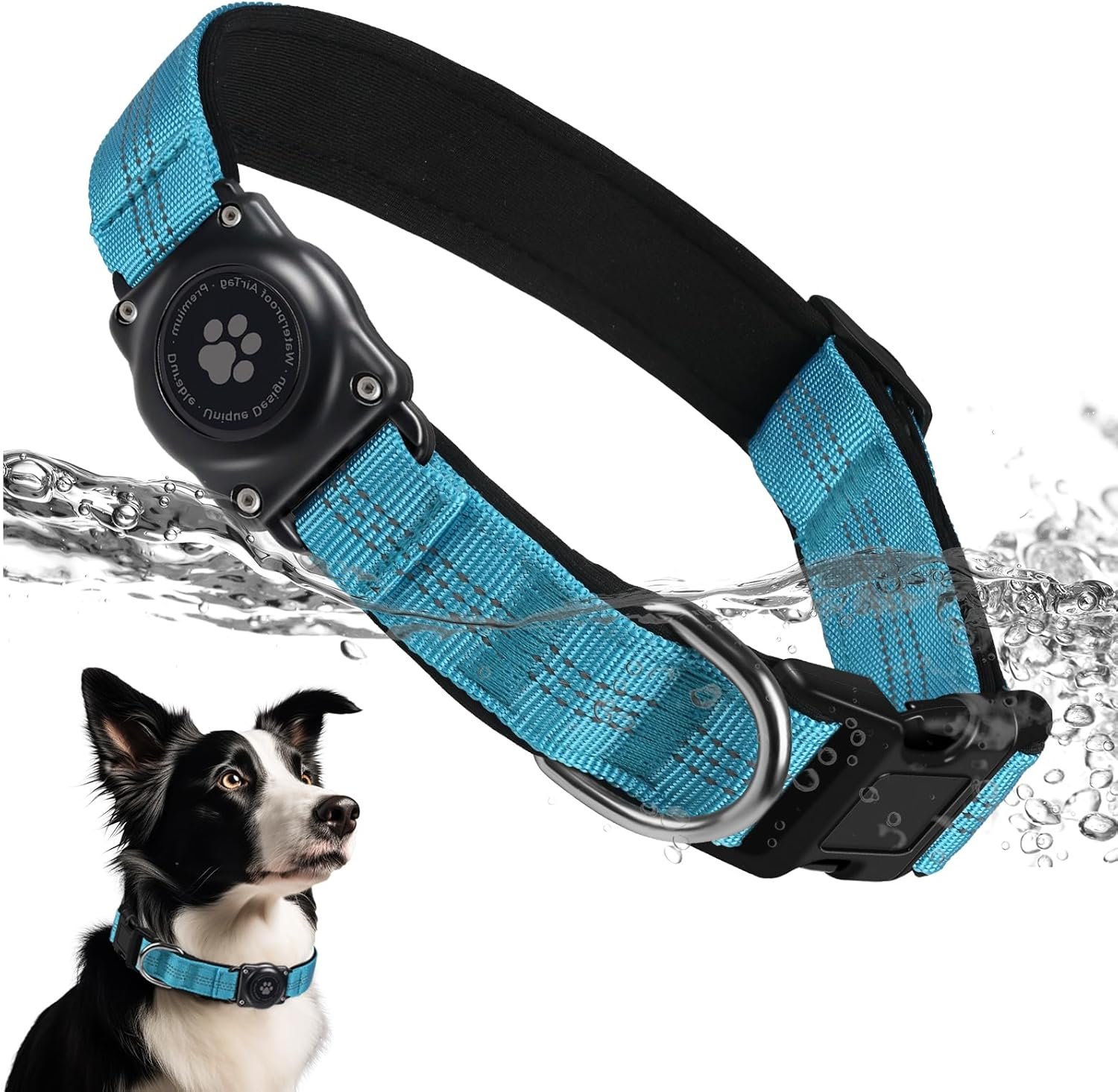 Upgrade Dog Collar with AirTag Holder, IP68 Waterproof, Blue, M