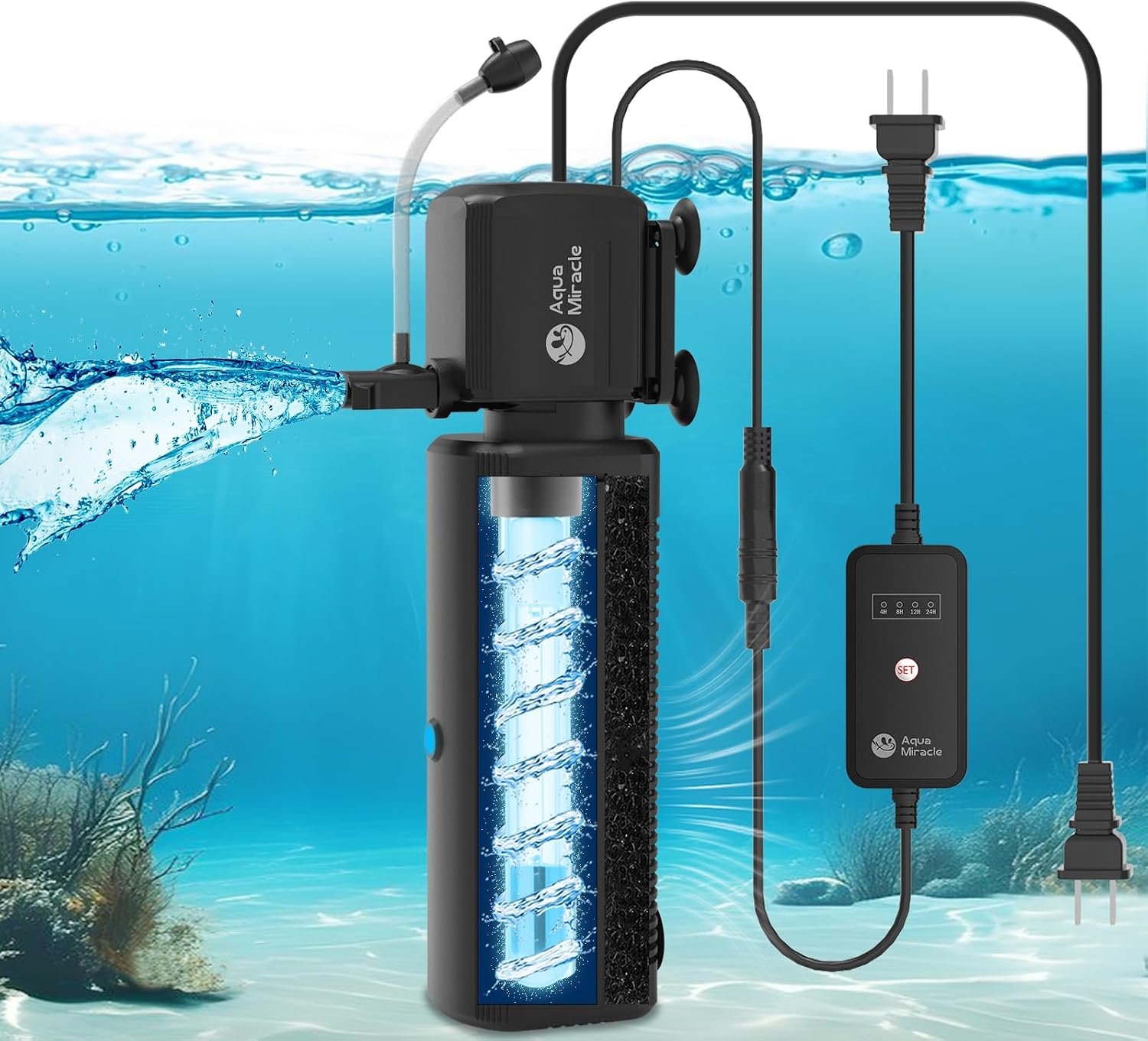 AquaMiracle Aquarium Filter with U – V Light & Filter Sponge, Fish Tank Filter with Timer for Green Water, Turtle Filter with Aeration & Rainfall Mode for Aquarium 20-70 Gallon