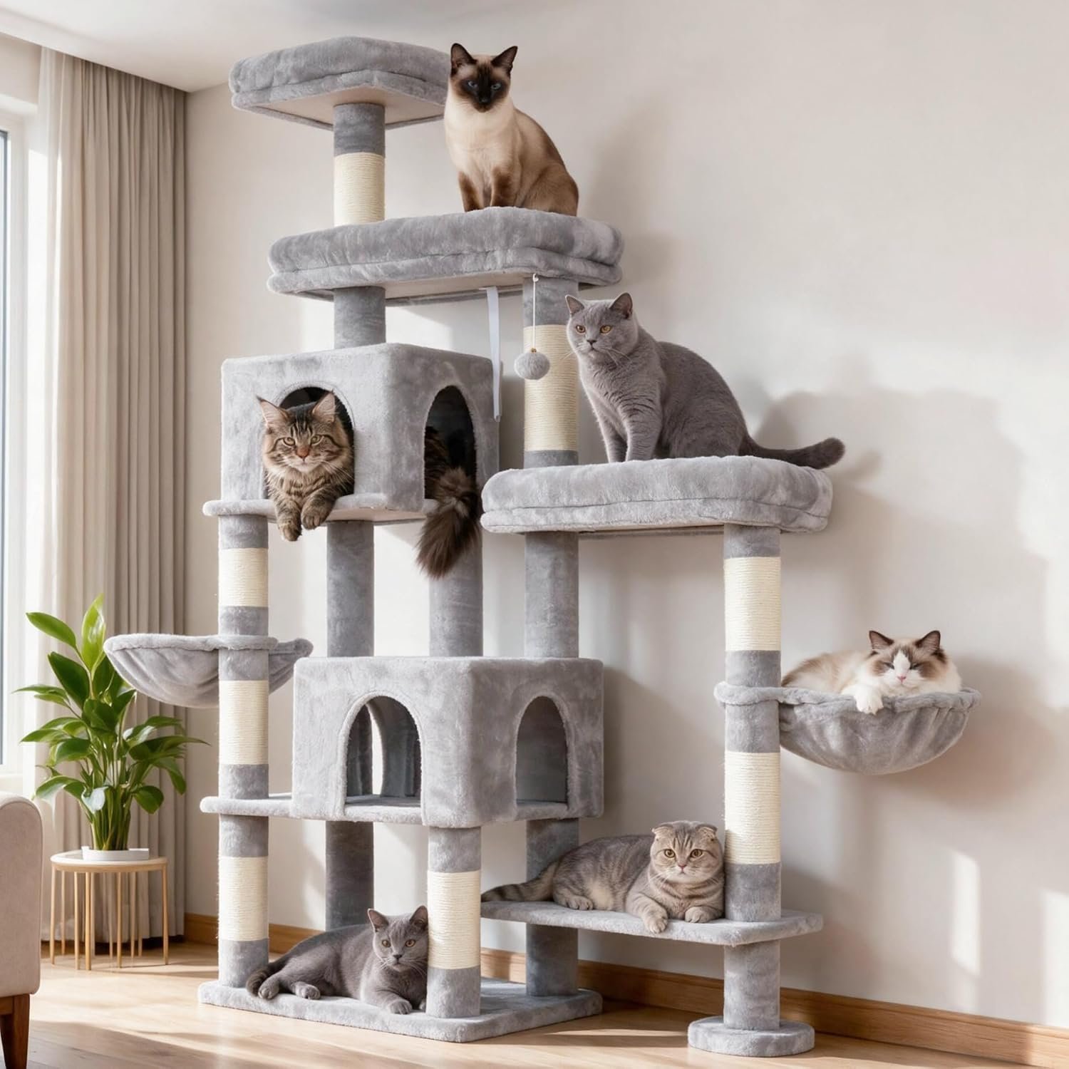 Hey-brother Cat Tree Tower, Scratching Posts with a Extended Part, Wide Platforms, Cozy Condos, Hammocks, Sisal Columns and Ball for Indoor Cats, 70.1 Inches, Light Gray MPJ038W