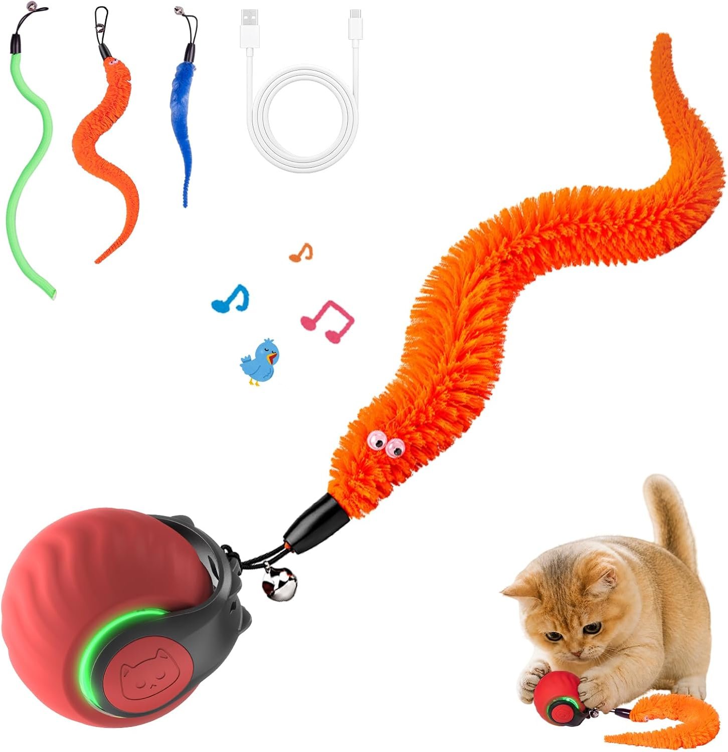 Interactive Cat Toys with Bird Sounds & 3 Speed Modes for Indoor Cats Play | Bird Sounds, 3 Speed Modes, Rechargeable Automatic Rolling, 3 Tails, Fast Charging Ball, For Indoor Cats on Hard Floor Carpet
