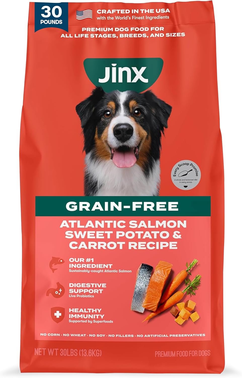 Jinx Grain Free Dry Dog Food – Real Salmon, Sweet Potato & Carrot, 30lb | Premium Kibble for Digestive Support & Healthy Immunity – No Fillers, All Lifestages (Puppy, Adult & Senior), Breeds & Sizes