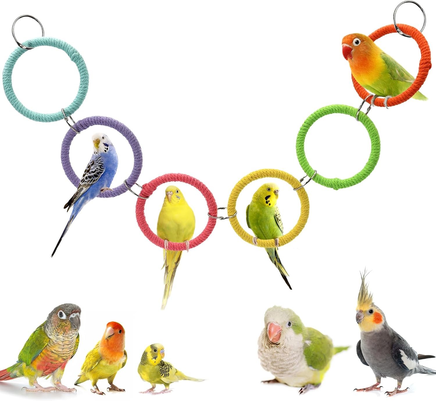 6-Ring Bird Swing Toy for Cage, DIY Cotton Rope for Parrot Soft Grip | Adjustable Colorful Perch, Hanging Parakeet Toys, Interactive Multi-Bird Swing and Climb for Budgies, Lovebirds, Cockatiels