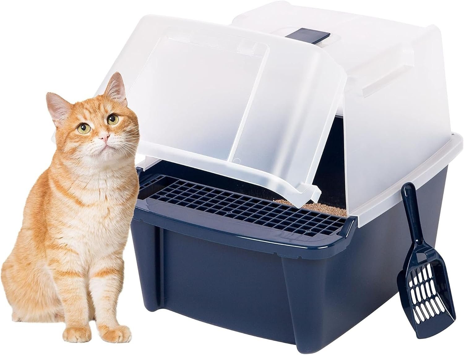 IRIS USA Large Front Door Cat Litter Box, Walk-in Entry, Navy | Senior Cats, Private Enclosure Design, Flip Door Access, Covered Walk-Through, Privacy Hood, Contained Environment