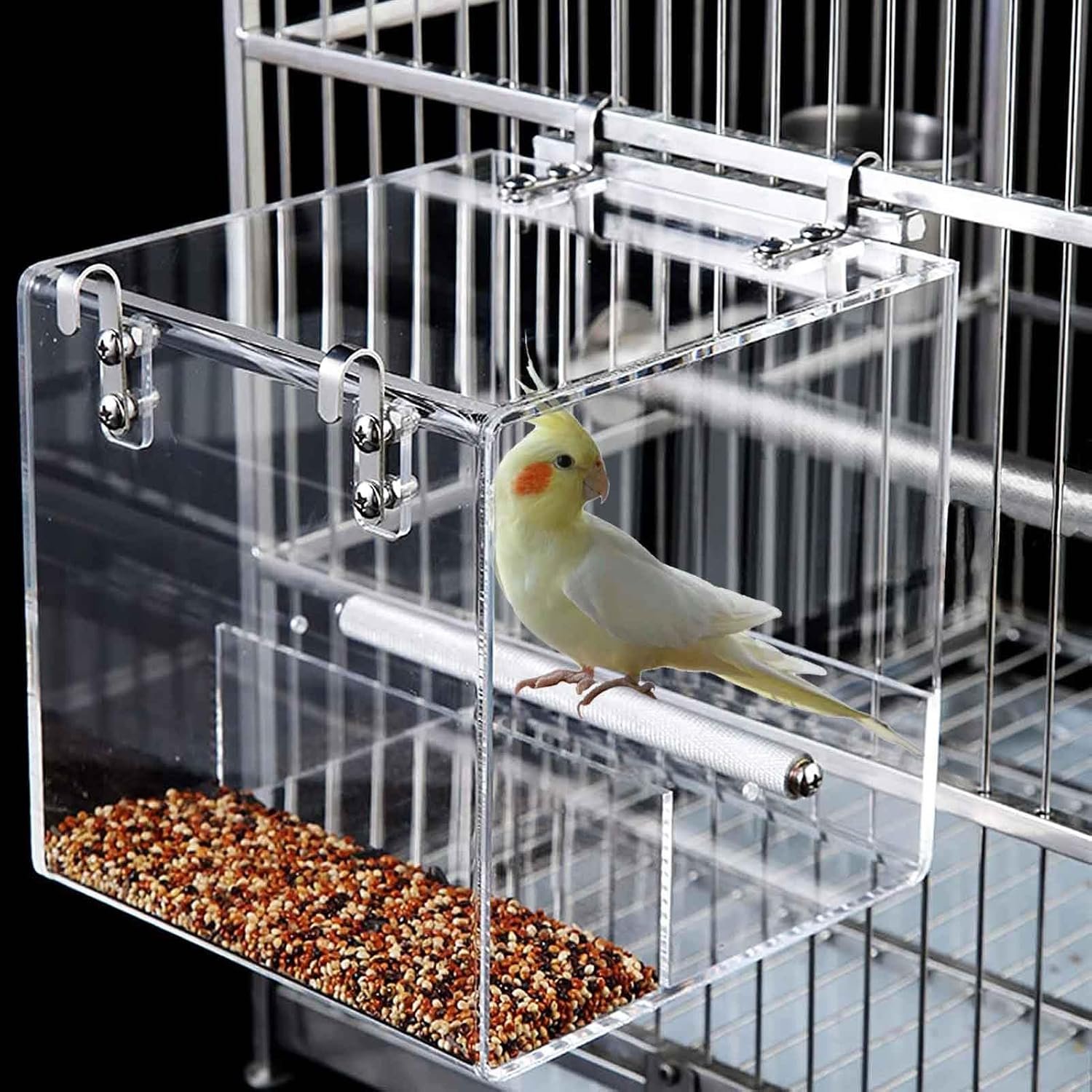 No Mess Bird Feeder for Cage, Automatic Acrylic No Mess Bird Feeder Cage | Suitable for Parrots Canary Parakeet Budgerigar Crested Myna Cockatiel Lovebird (Large)