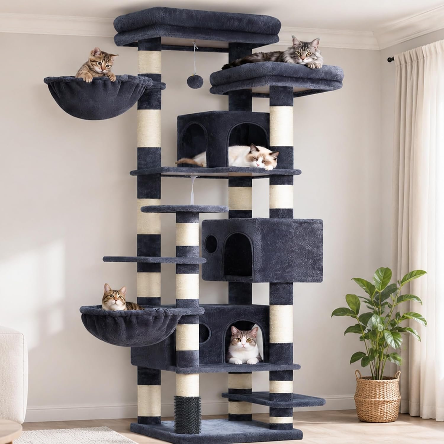 Hey-brother Cat Tree, 74 inches Multi-Level XL Large Cat Tower for Indoor Cats with Three Cat Condos, Two Large Top Decks and Cat Hairbrushfor Kittens, Cats and Pets, Smoky Gray MPJ035-MG