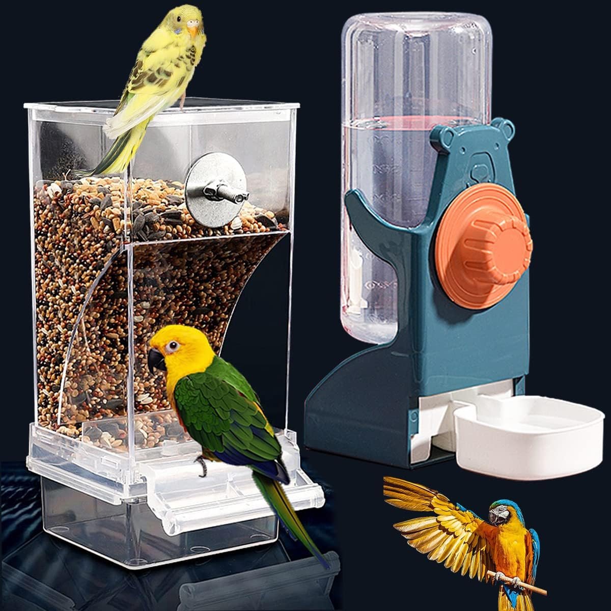 Kenond No Mess Bird Feeders Water Dispenser Set，Automatic Feeders for Cage | Automatic Parrot Feeder Cage Accessories, Clear Seed Container Food Drinker for Cage, for Cockatiel Lovebirds Budgies Canary