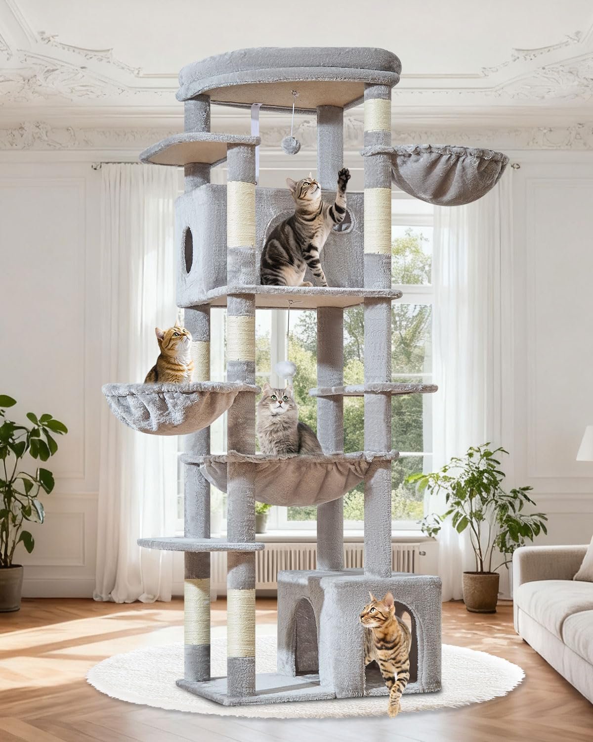 Taoqimiao 72 in Cat Tree, XXL Cat Tower for Indoor Cats Large Adult 25Lbs+ | Extra-Large Platform, 2 Cat Houses, 7 Scratching Post, Extra-Sized Durable Hammock, Cozy Basket, Light Gray, F20W